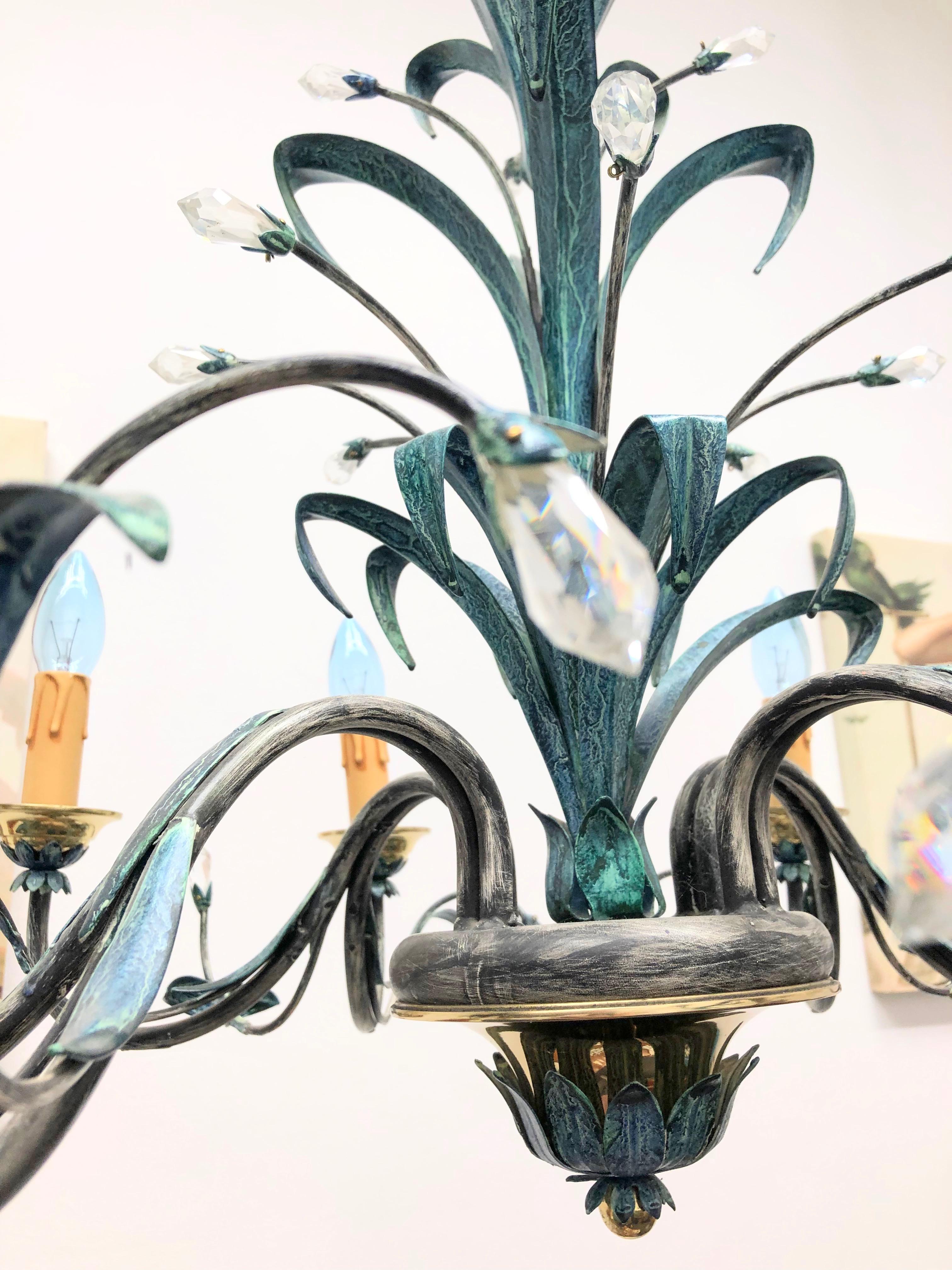 Verdigris Finished Painted Metal and Crystal Tole Chandelier, German, 1960s For Sale 6