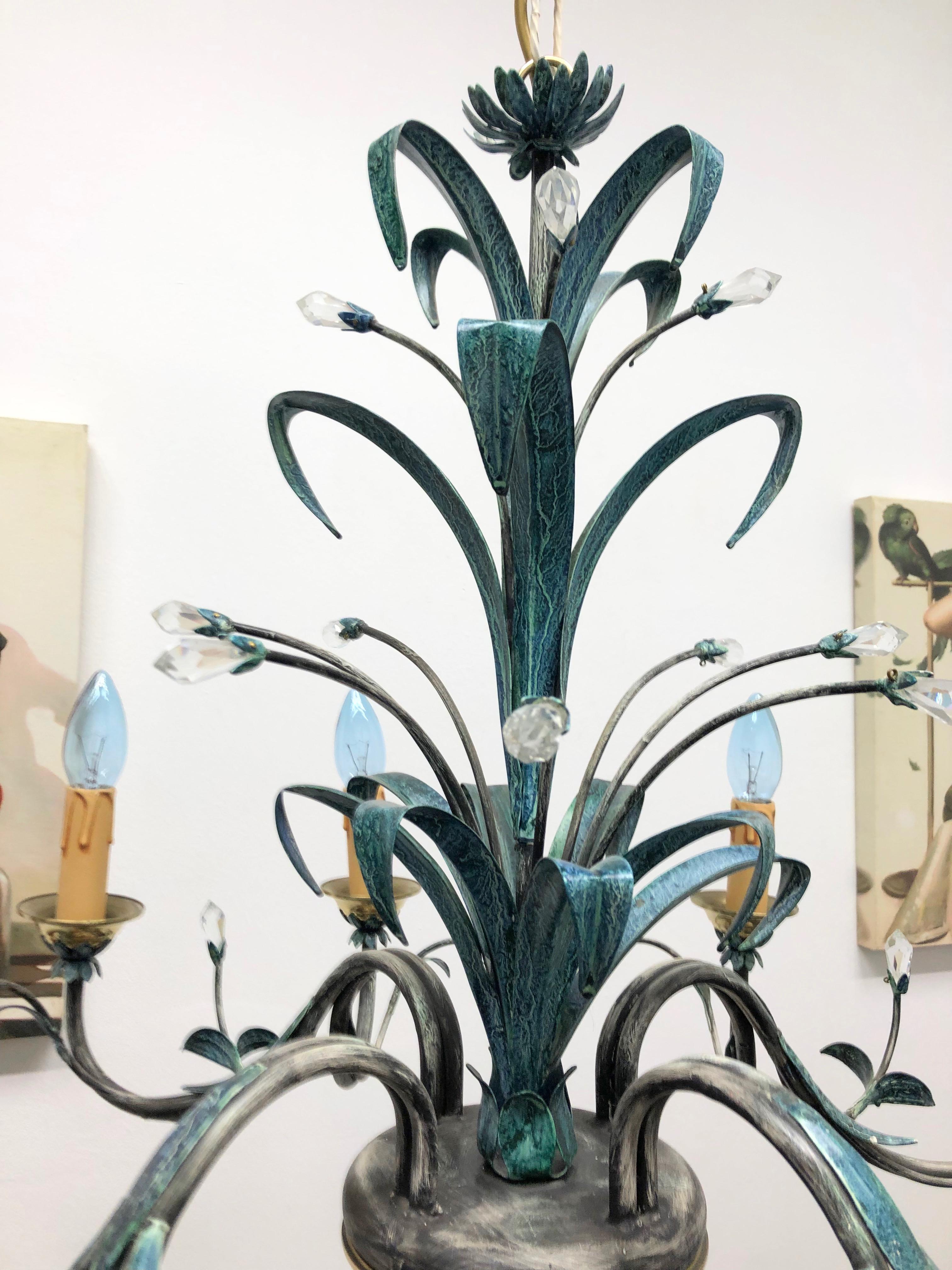 Hollywood Regency Verdigris Finished Painted Metal and Crystal Tole Chandelier, German, 1960s