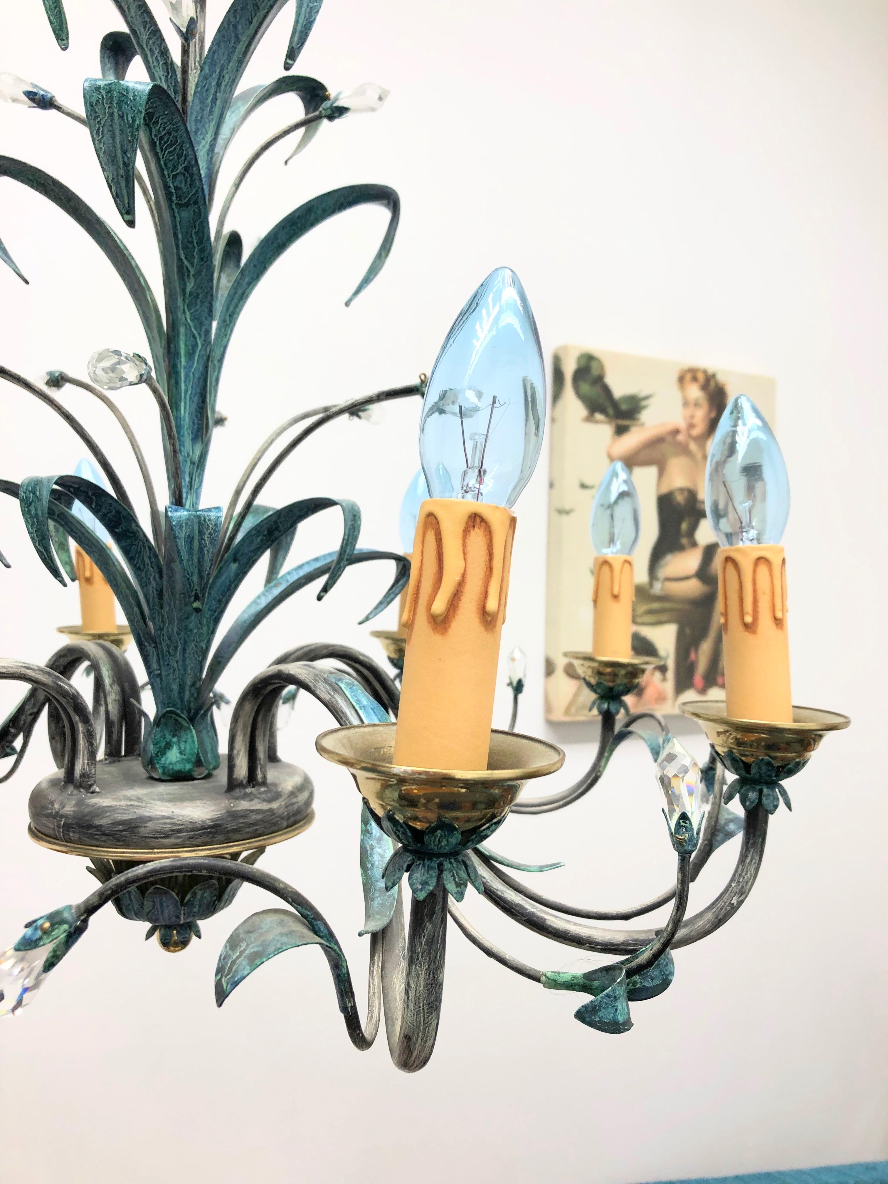 Mid-20th Century Verdigris Finished Painted Metal and Crystal Tole Chandelier, German, 1960s For Sale