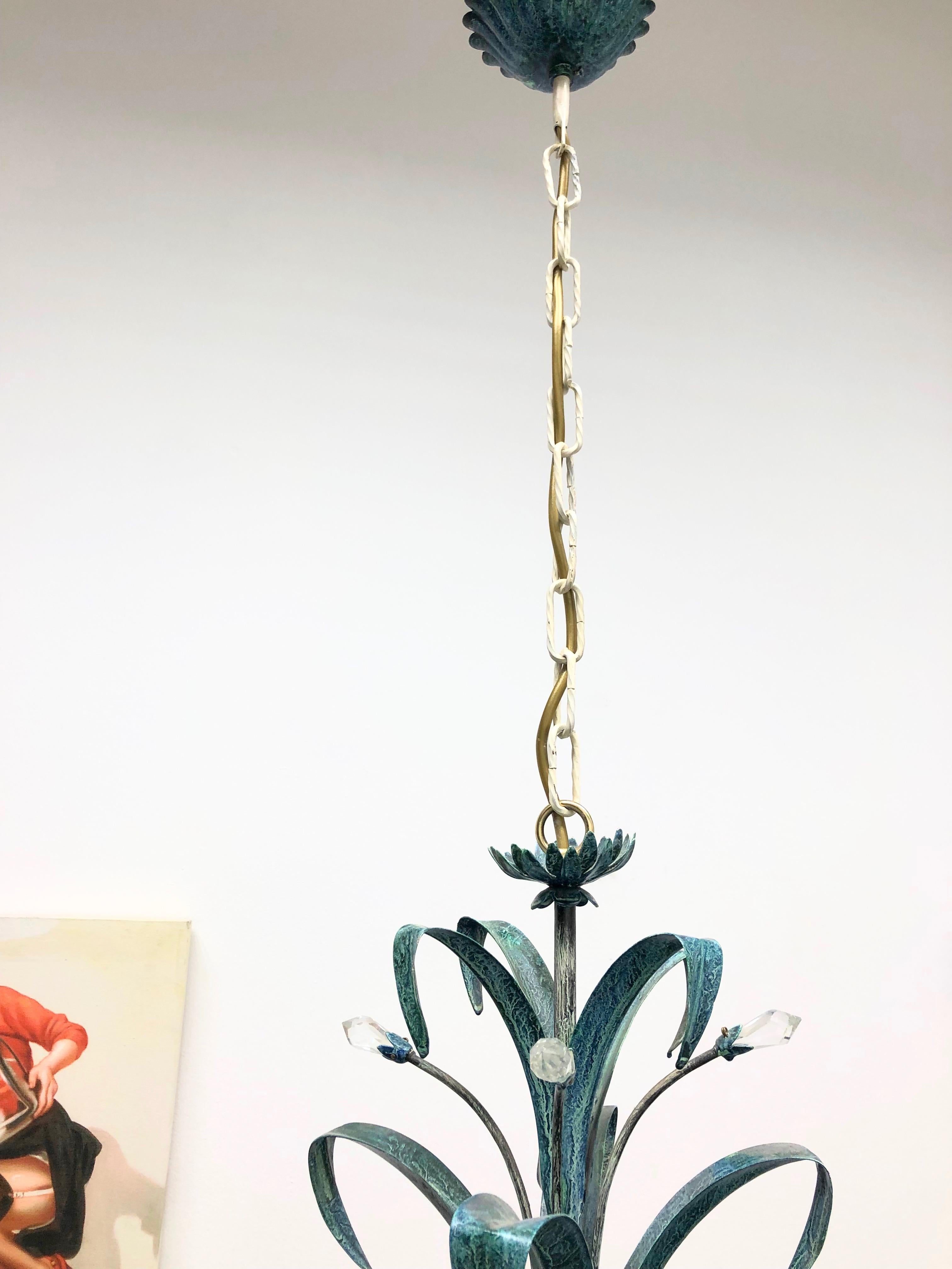 Verdigris Finished Painted Metal and Crystal Tole Chandelier, German, 1960s For Sale 2
