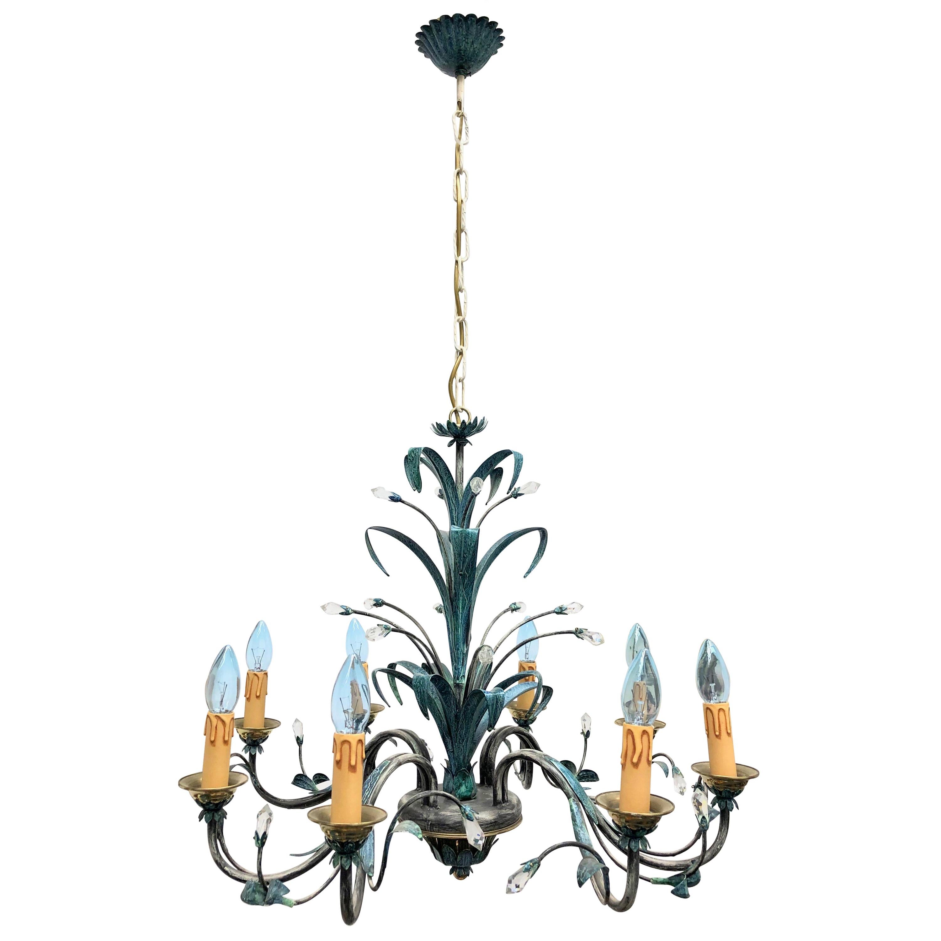 Verdigris Finished Painted Metal and Crystal Tole Chandelier, German, 1960s