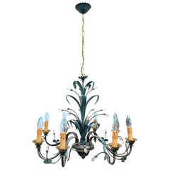 Vintage Verdigris Finished Painted Metal and Crystal Tole Chandelier, German, 1960s