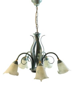 Verdigris Finished Painted Metal and Glass Shade Chandelier, German, 1960s
