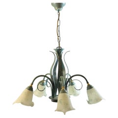 Verdigris Finished Painted Metal and Glass Shade Chandelier, German, 1960s