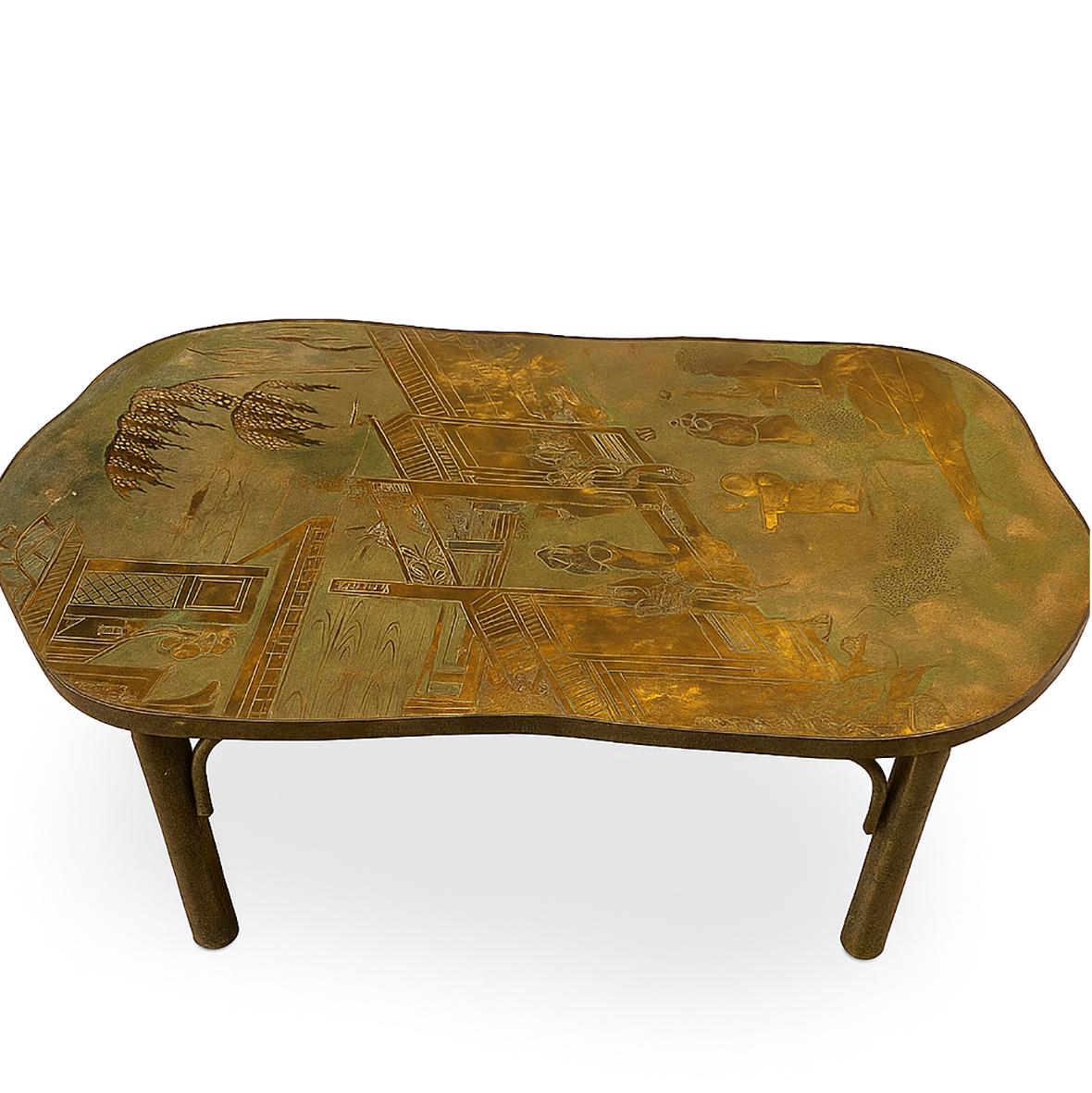 A Philip & Kelvin Laverne Coffee Table with Verdigris patina. Acid-etched and patinated brass over pewter and wood.

Measurements:
Height: 17.5