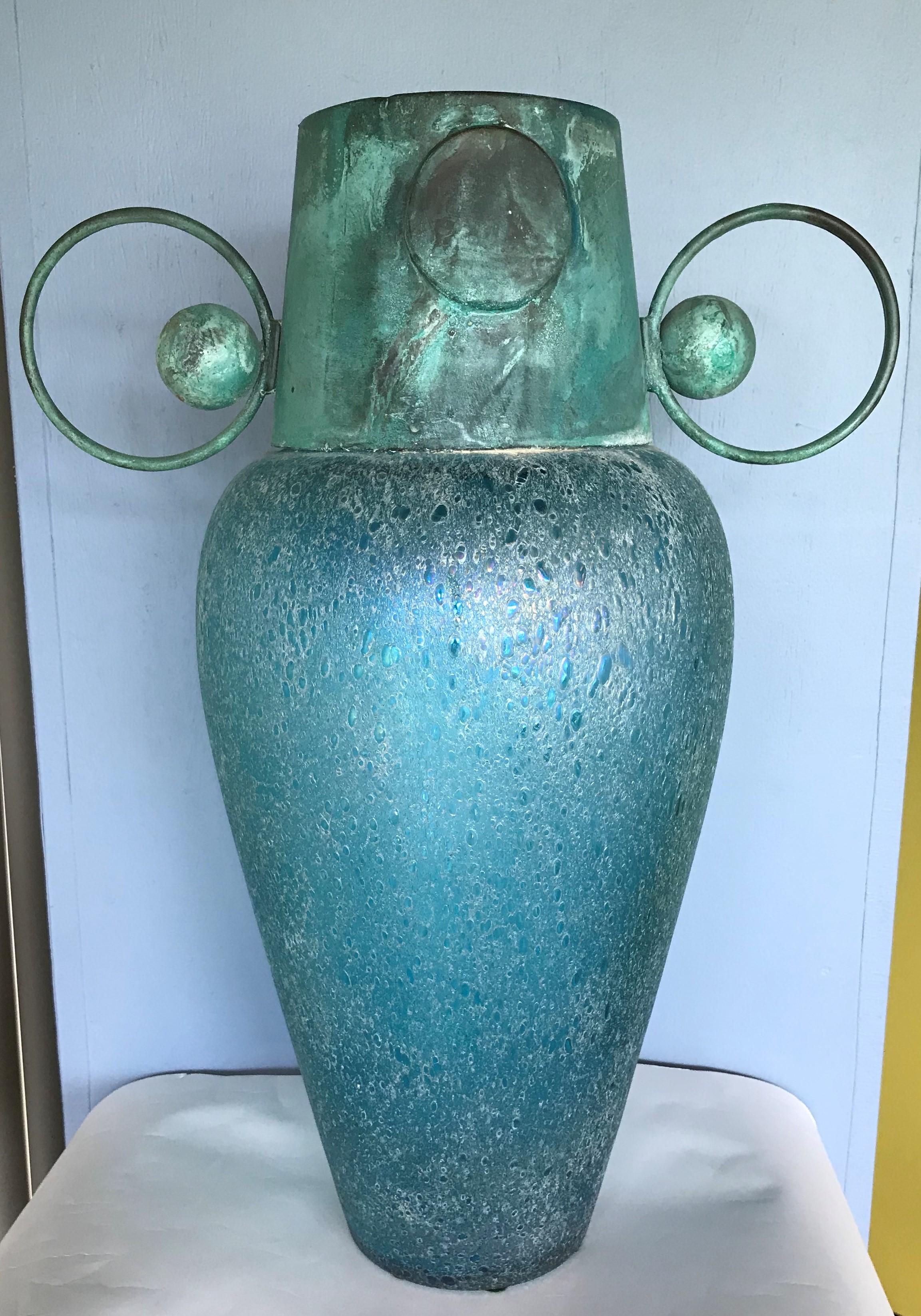 Verdigris Metal and Mouth Blown Turquoise Pulegoso Glass Deco Modern Floor Vase 5