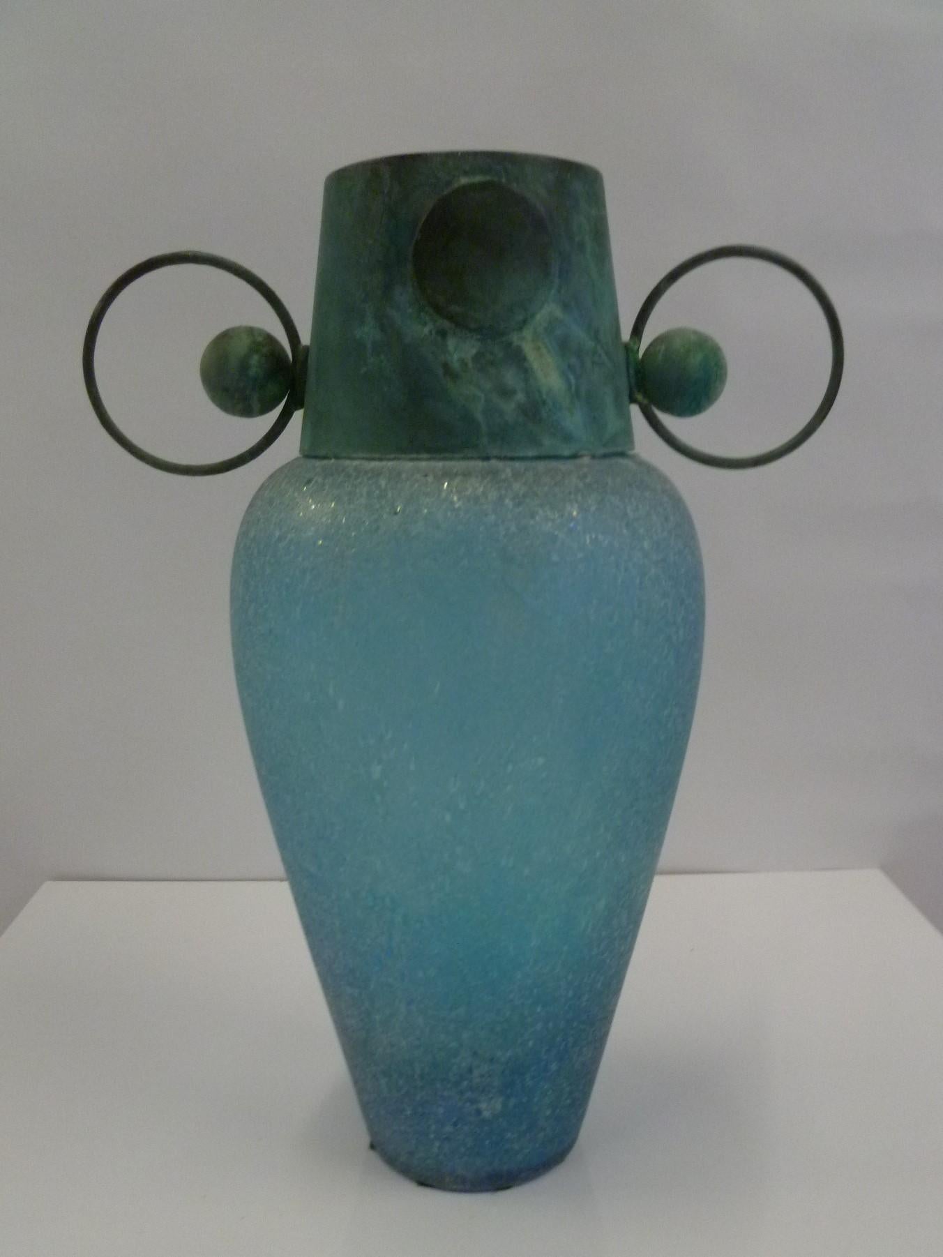 Art Deco Verdigris Metal and Mouth Blown Turquoise Pulegoso Glass Deco Modern Floor Vase