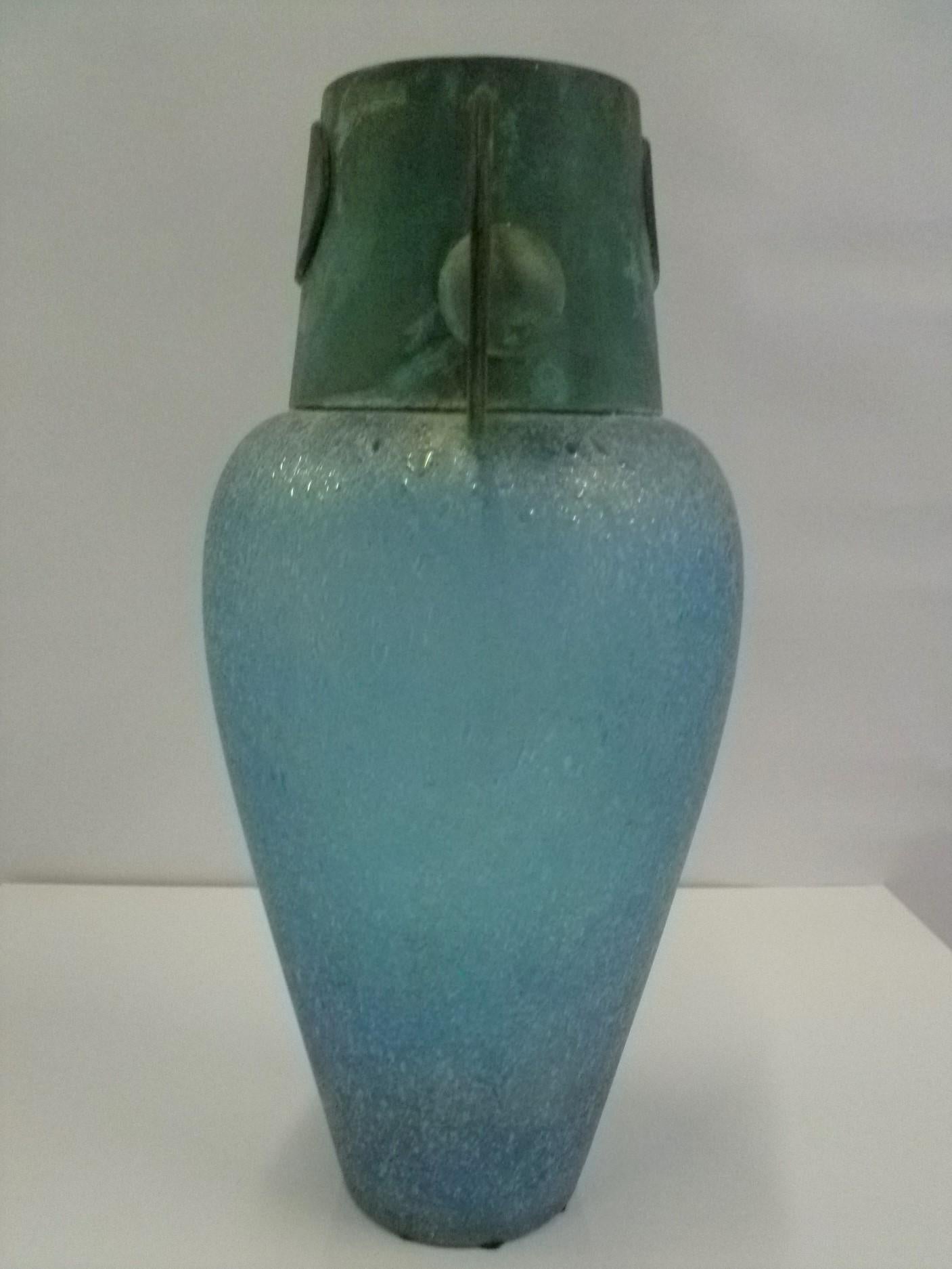 Verdigris Metal and Mouth Blown Turquoise Pulegoso Glass Deco Modern Floor Vase In Good Condition In Miami, FL