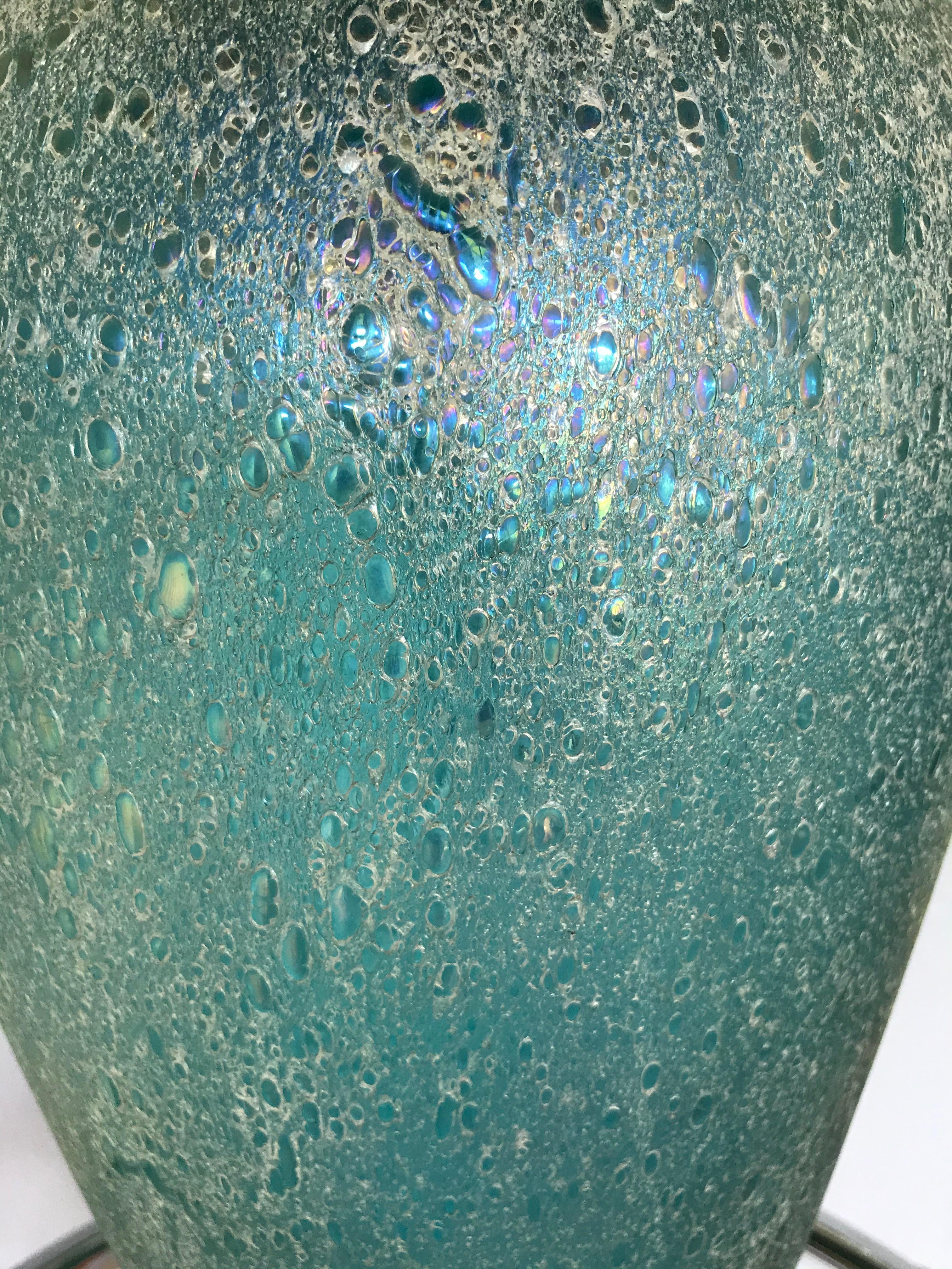 Late 20th Century Verdigris Metal and Mouth Blown Turquoise Pulegoso Glass Deco Modern Floor Vase