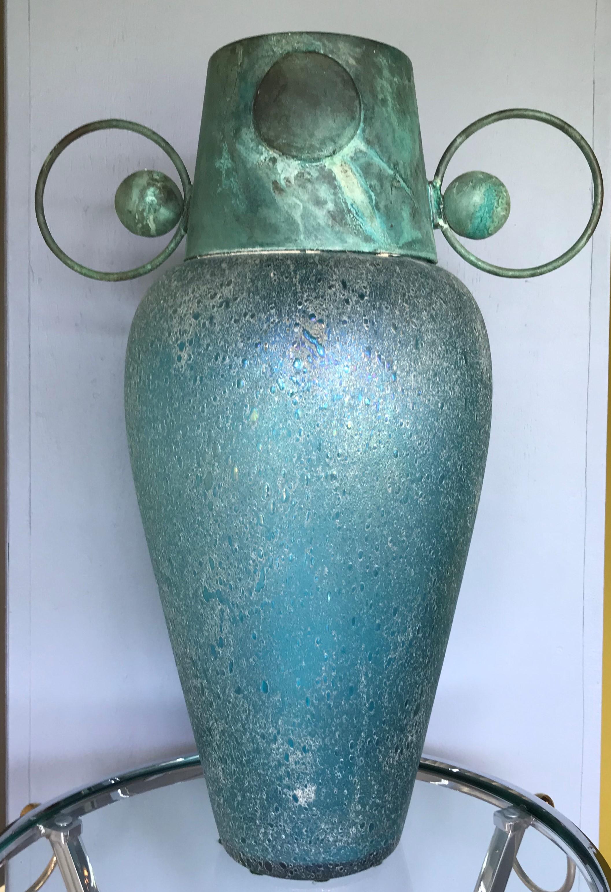 Verdigris Metal and Mouth Blown Turquoise Pulegoso Glass Deco Modern Floor Vase 1