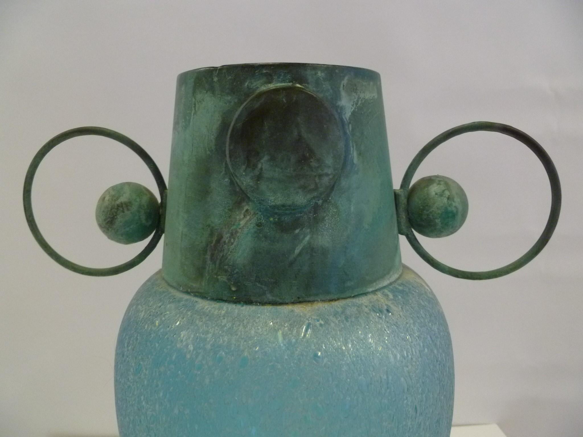 Verdigris Metal and Mouth Blown Turquoise Pulegoso Glass Deco Modern Floor Vase 2