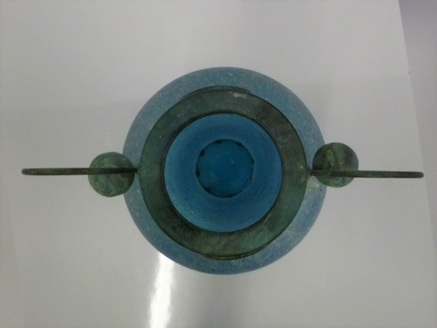 Verdigris Metal and Mouth Blown Turquoise Pulegoso Glass Deco Modern Floor Vase 4