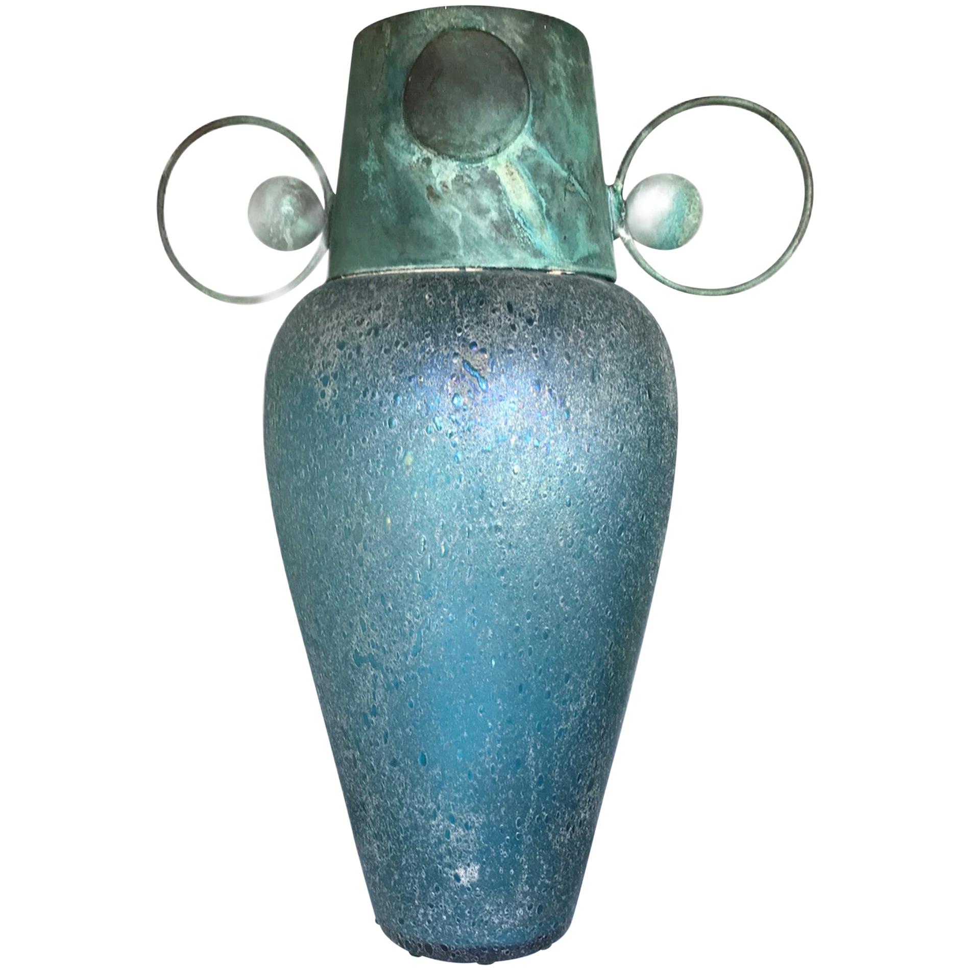 Verdigris Metal and Mouth Blown Turquoise Pulegoso Glass Deco Modern Floor Vase