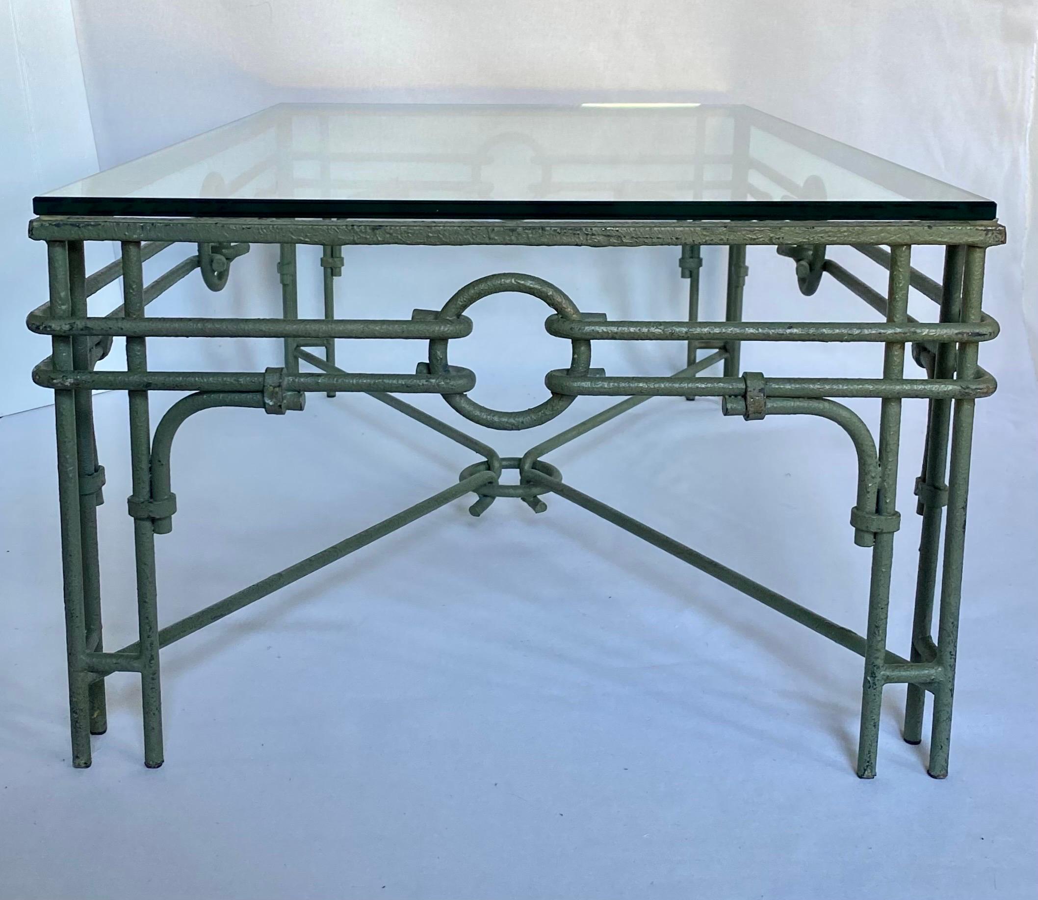 Hollywood Regency Verdigris Metal & Glass Rectangular Coffee Table, Giacometti Style