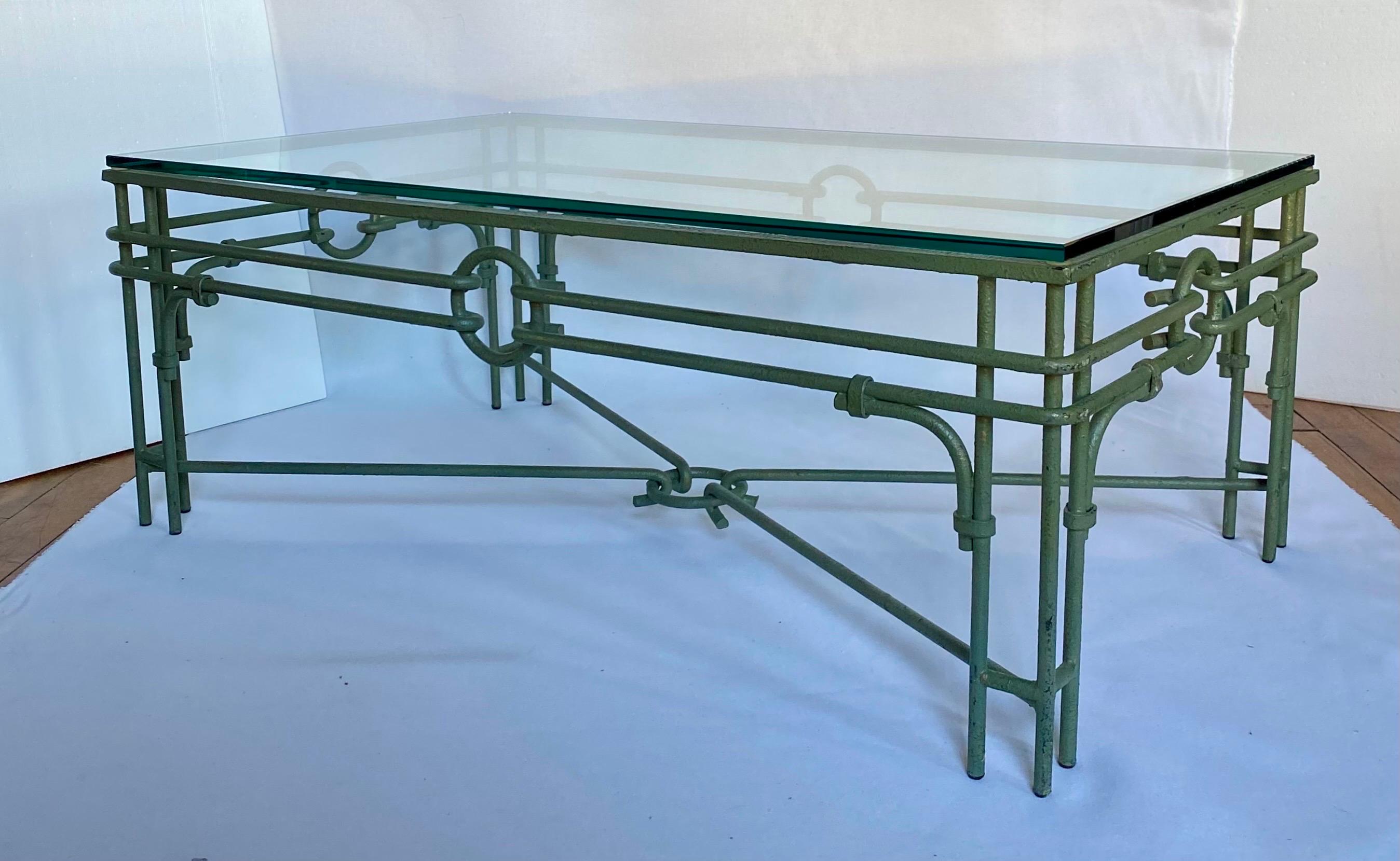 Verdigris Metal & Glass Rectangular Coffee Table, Giacometti Style In Good Condition In Lambertville, NJ