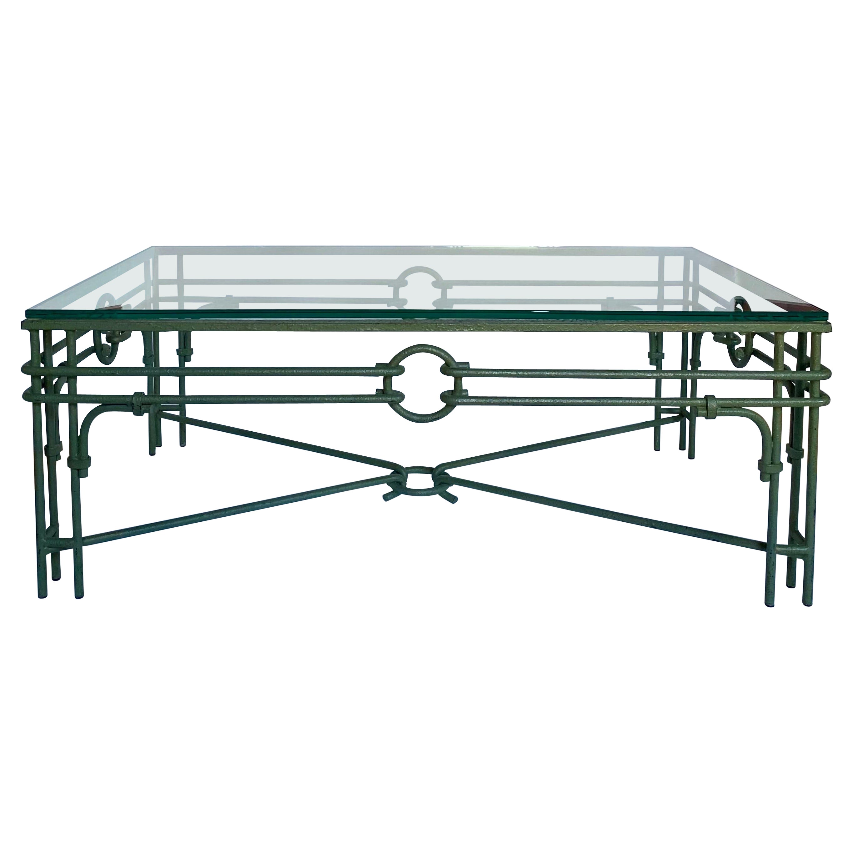 Verdigris Metal & Glass Rectangular Coffee Table, Giacometti Style