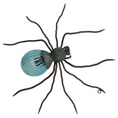Vintage Verdigris Metal Spider with blue Murano Glass Sconce Wall Light, Italy 1970s