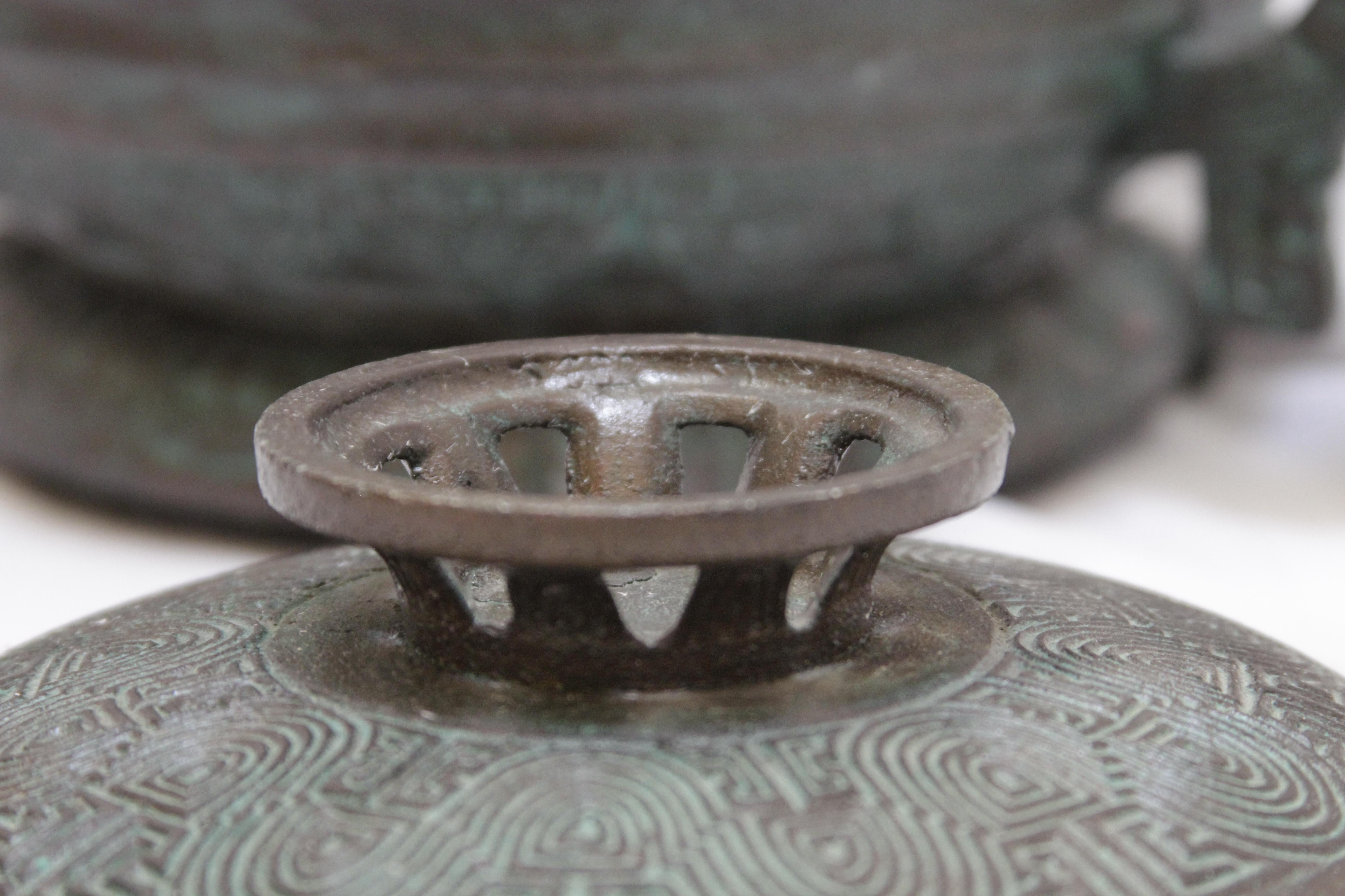 Hollywood Regency Verdigris Mid-Century Shang Dynasty Style Ice Bucket with Asian Motif