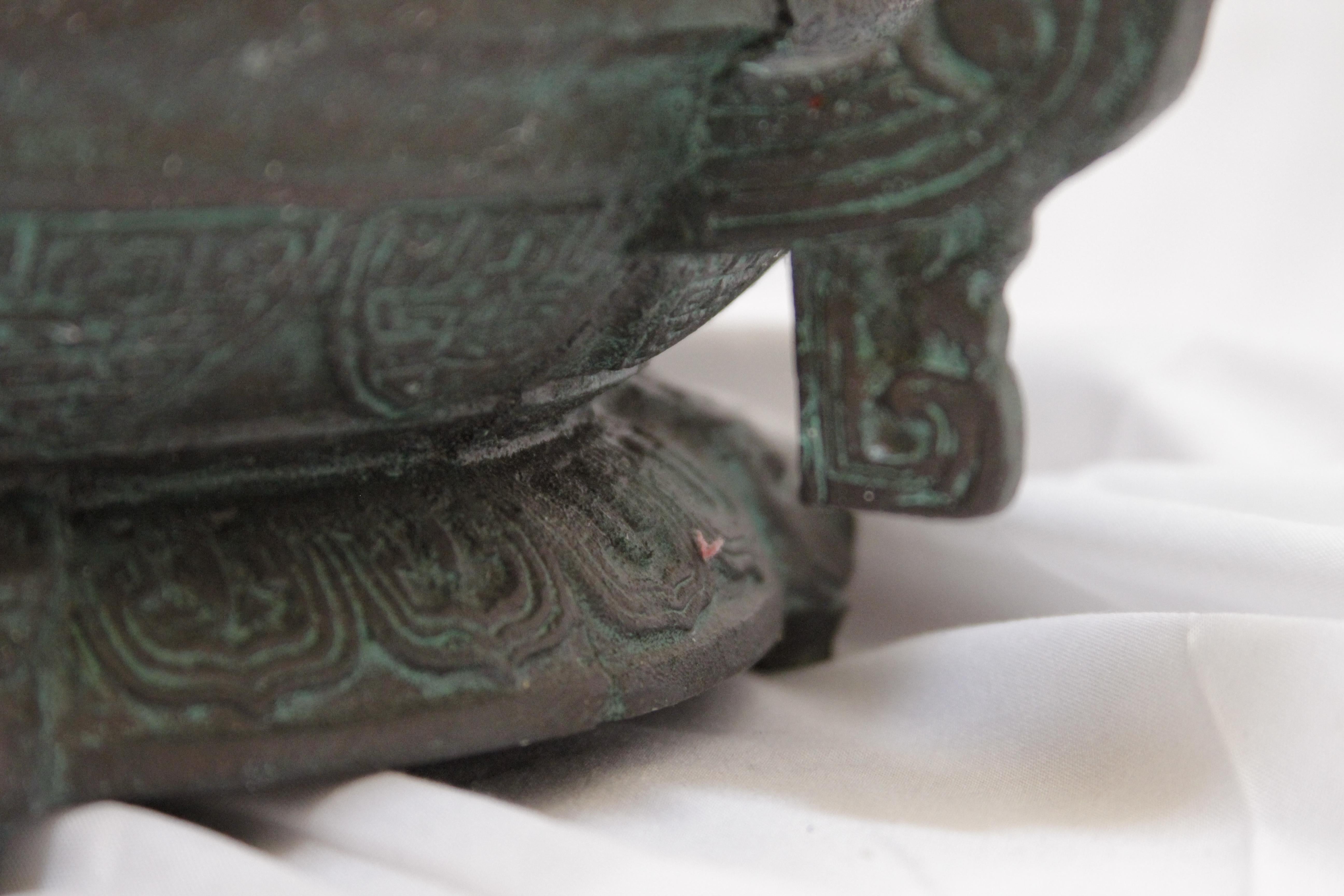 Taiwanese Verdigris Mid-Century Shang Dynasty Style Ice Bucket with Asian Motif For Sale