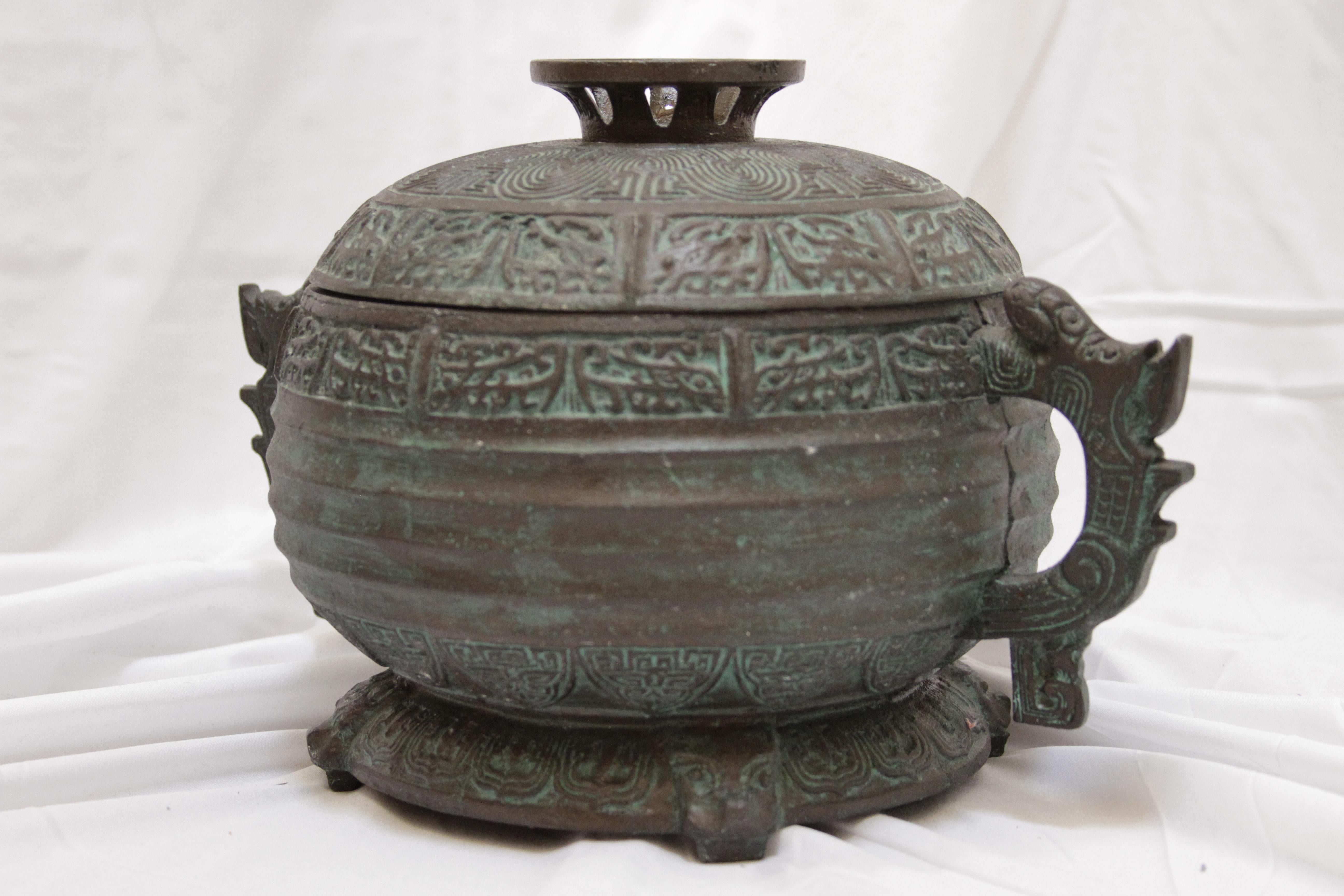 Bronzed Verdigris Mid-Century Shang Dynasty Style Ice Bucket with Asian Motif For Sale