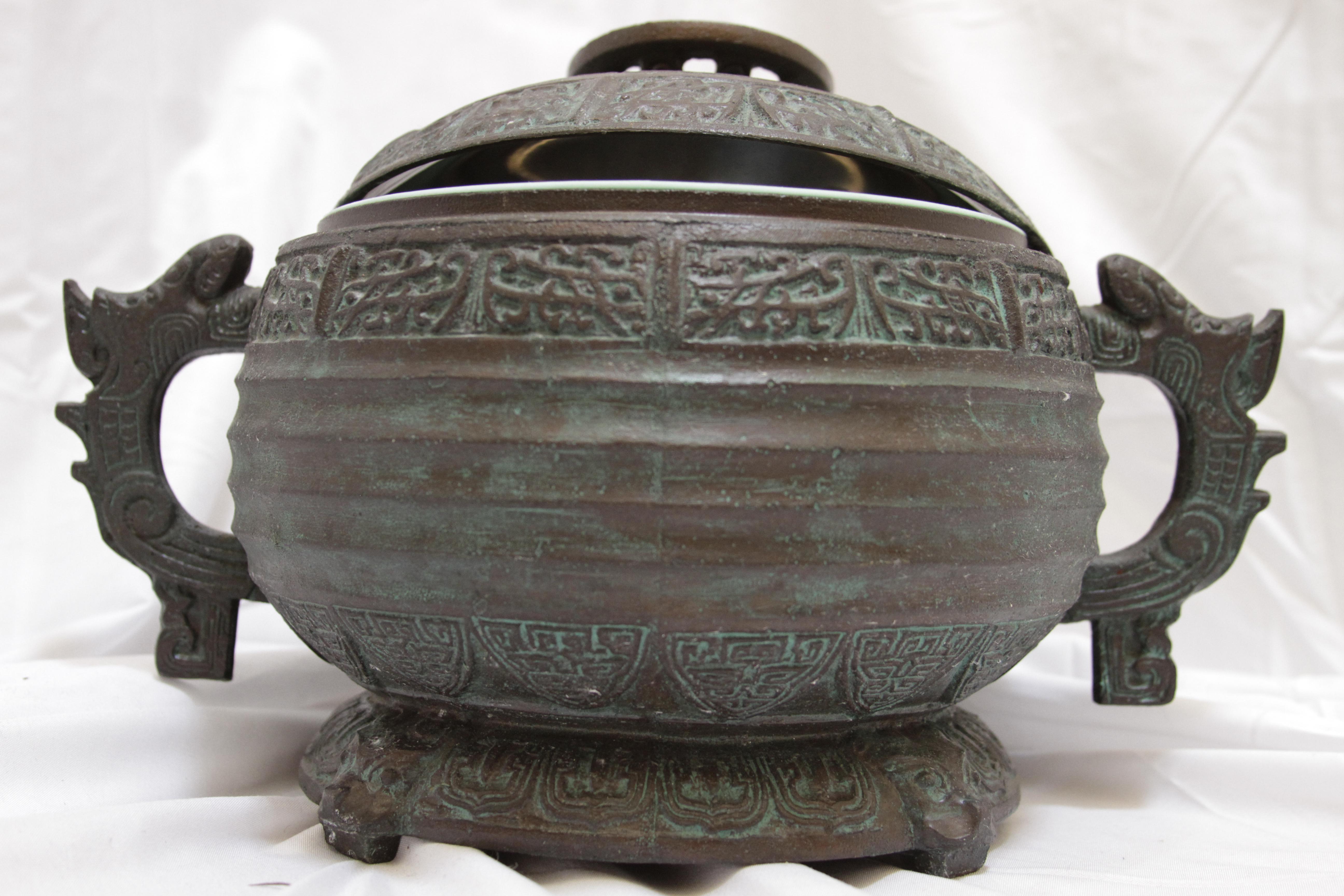 Stone Verdigris Mid-Century Shang Dynasty Style Ice Bucket with Asian Motif For Sale