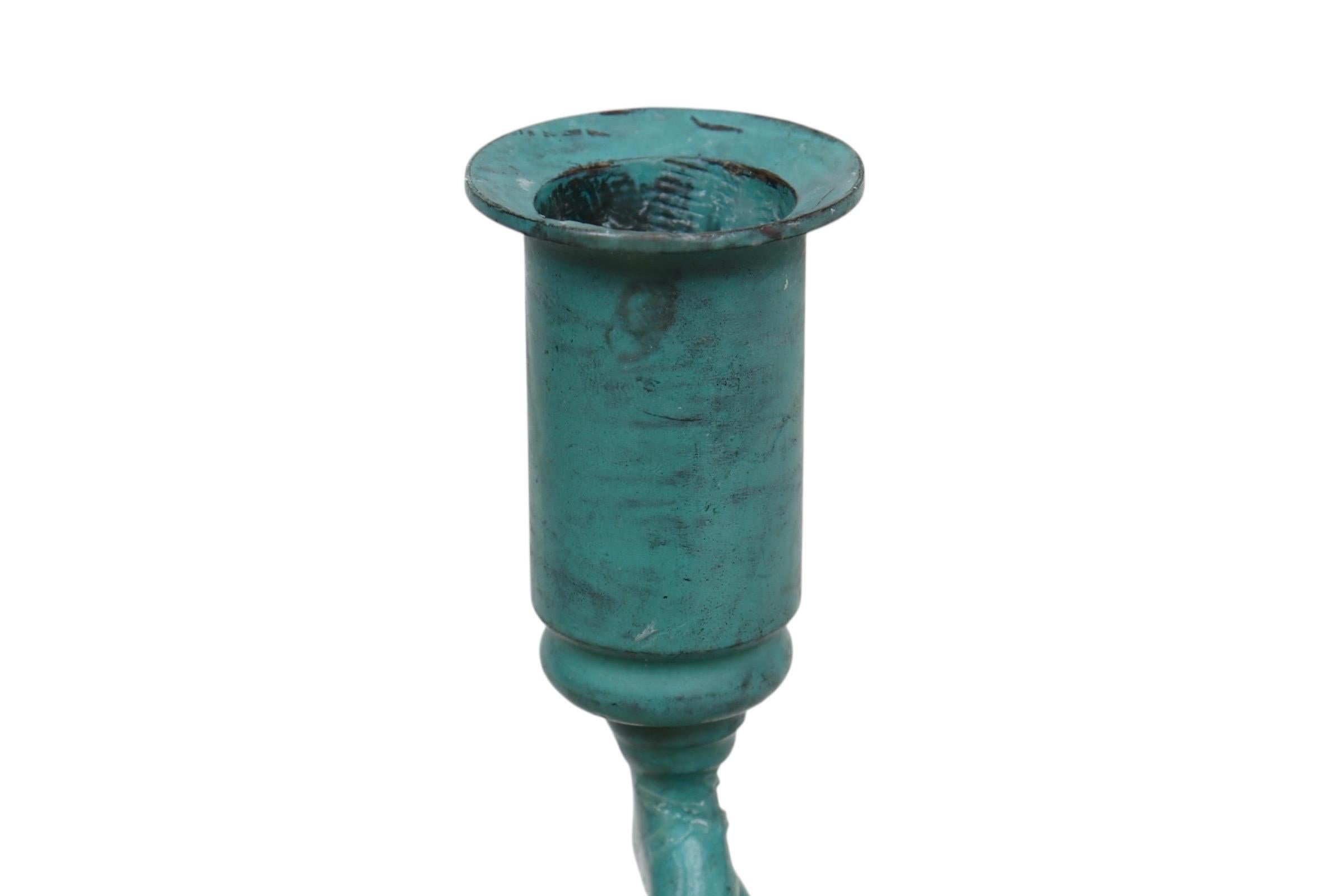 Verdigris Open Barley Twist Candlestick Holders, a Pair In Good Condition For Sale In Bradenton, FL