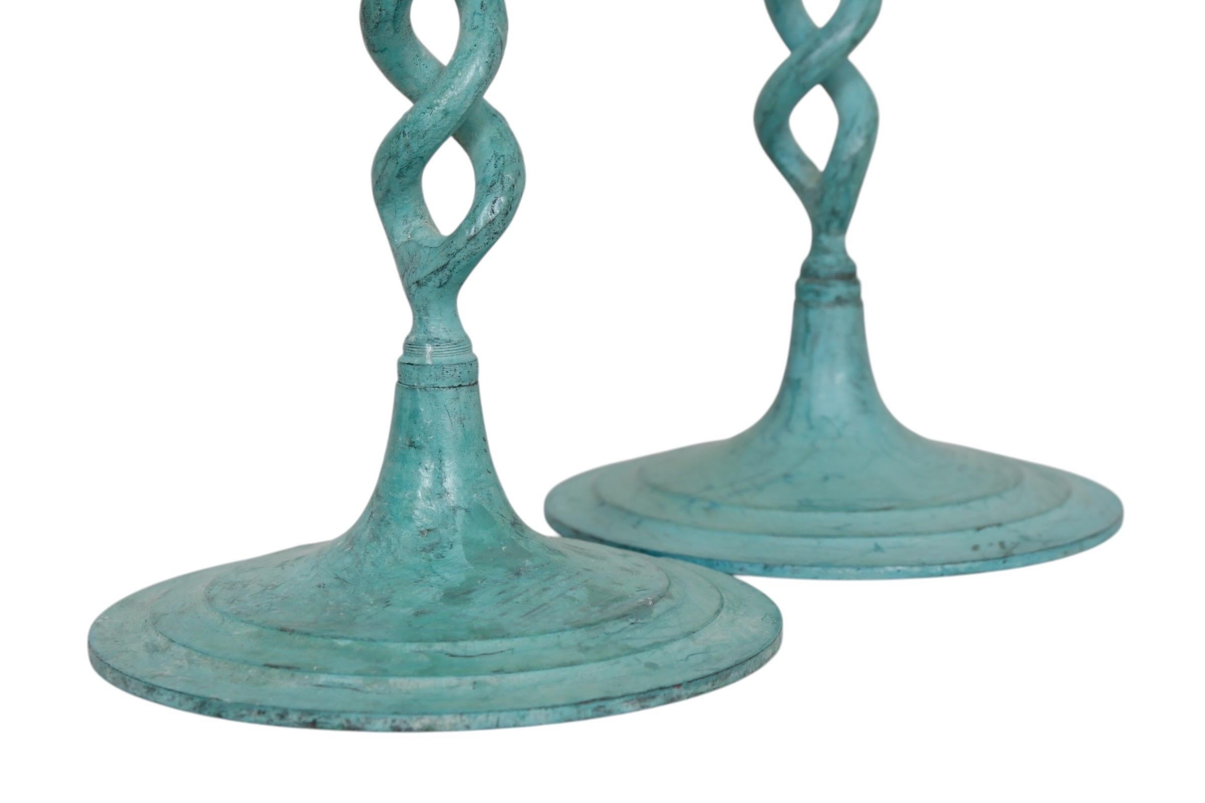 Metal Verdigris Open Barley Twist Candlestick Holders, a Pair For Sale