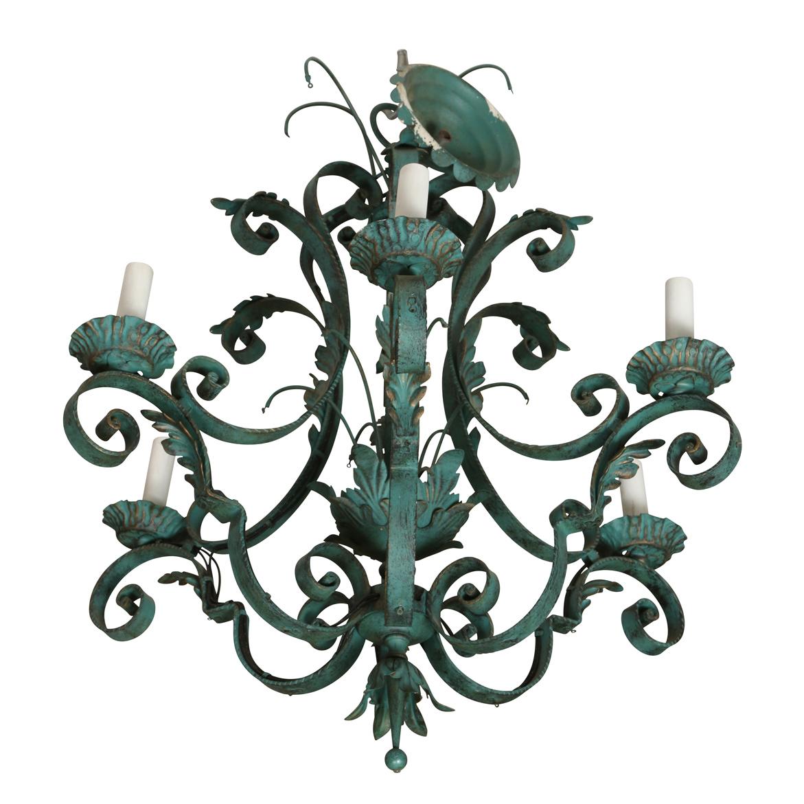 Hand-Painted Verdigris Painted Scroll Arm Six Light Chandelier