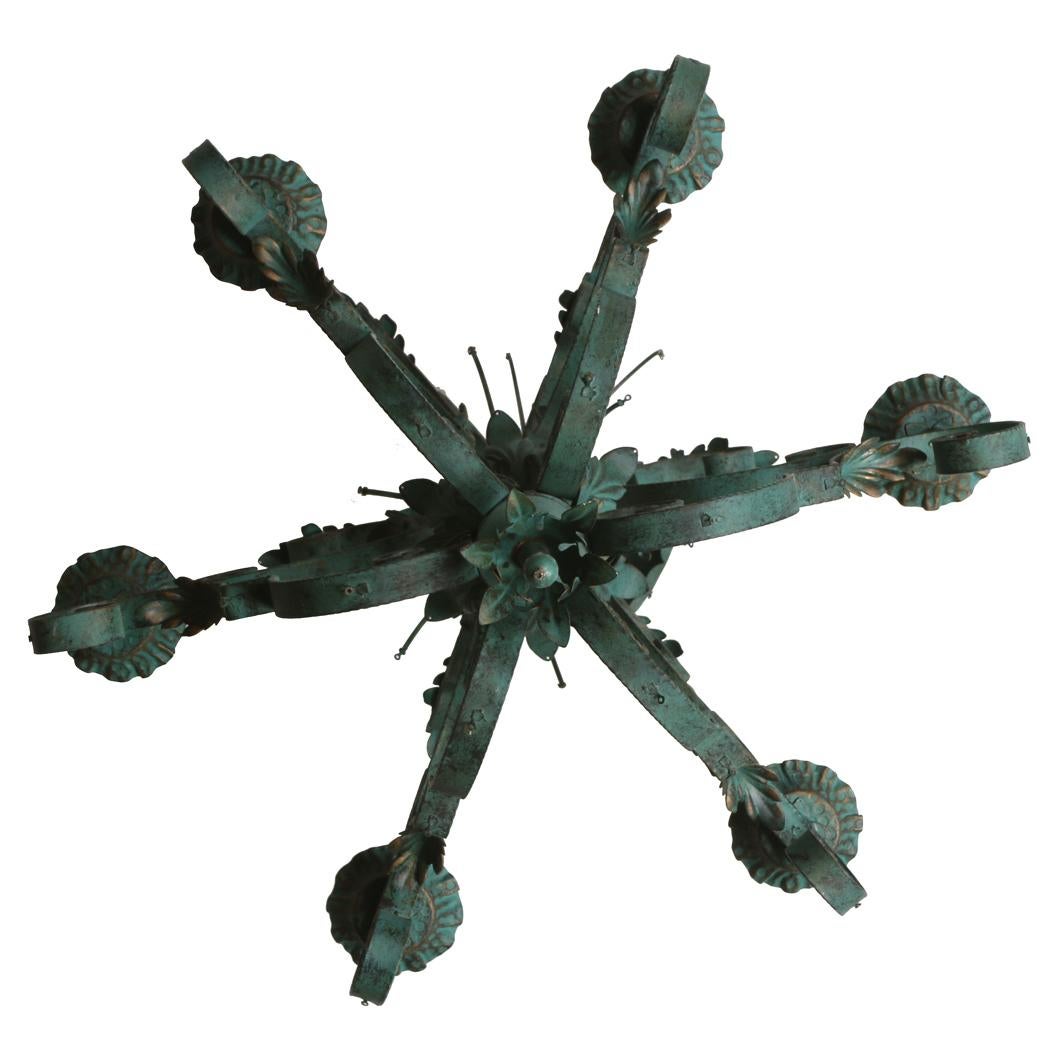 Verdigris Painted Scroll Arm Six Light Chandelier In Good Condition In Locust Valley, NY