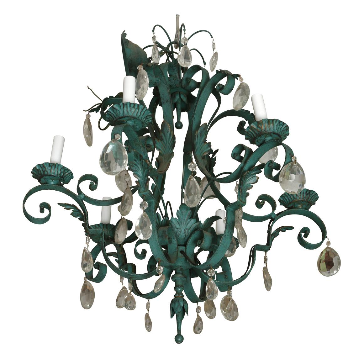Lampadario a bracci a voluta in ferro e tiglio dipinto di Verdigris con cristalli In condizioni buone in vendita a Locust Valley, NY