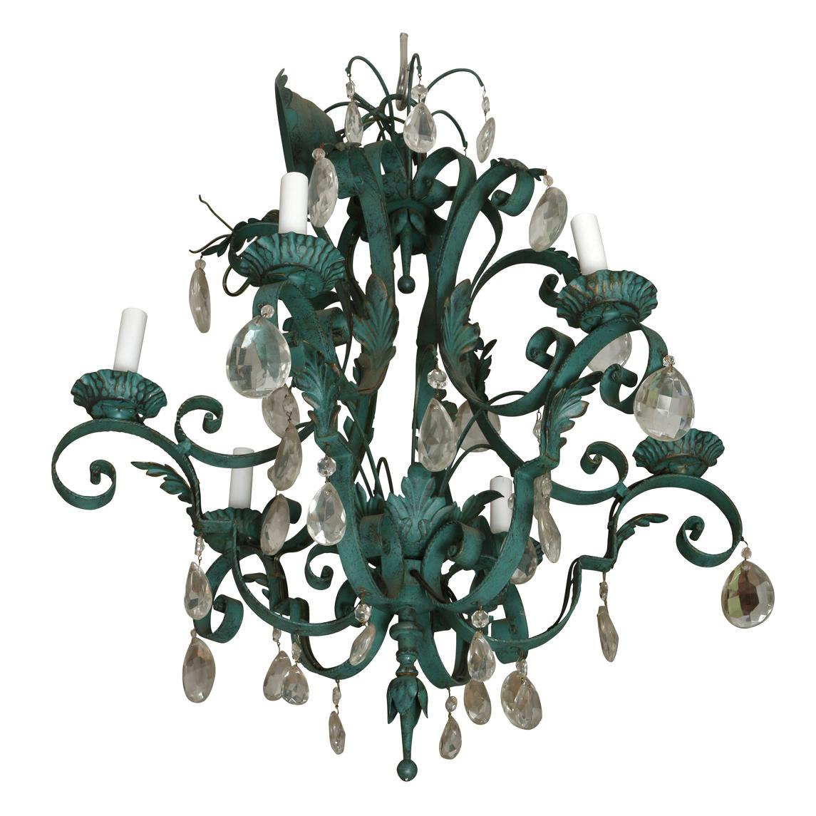 Verdigris Painted Tole and Iron Scroll Arm Chandelier with Crystals In Good Condition For Sale In Locust Valley, NY