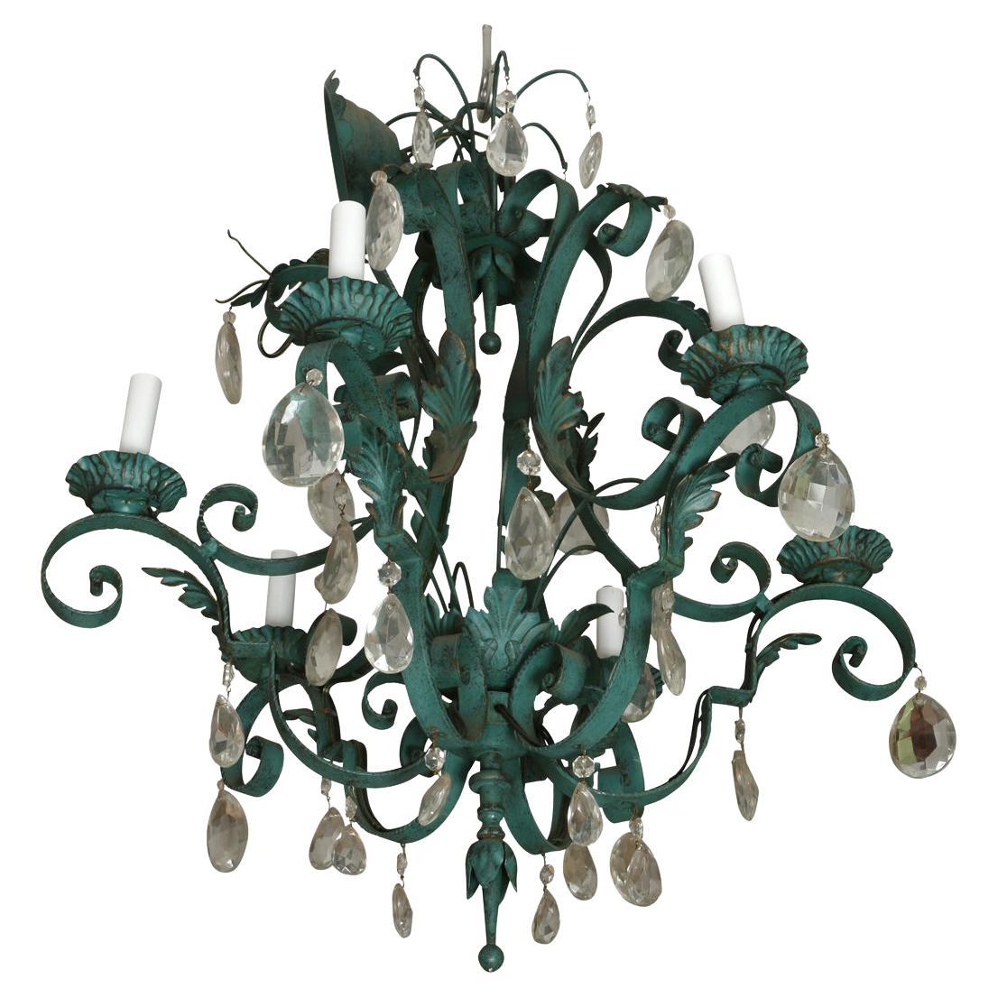 Verdigris Painted Tole and Iron Scroll Arm Chandelier with Crystals