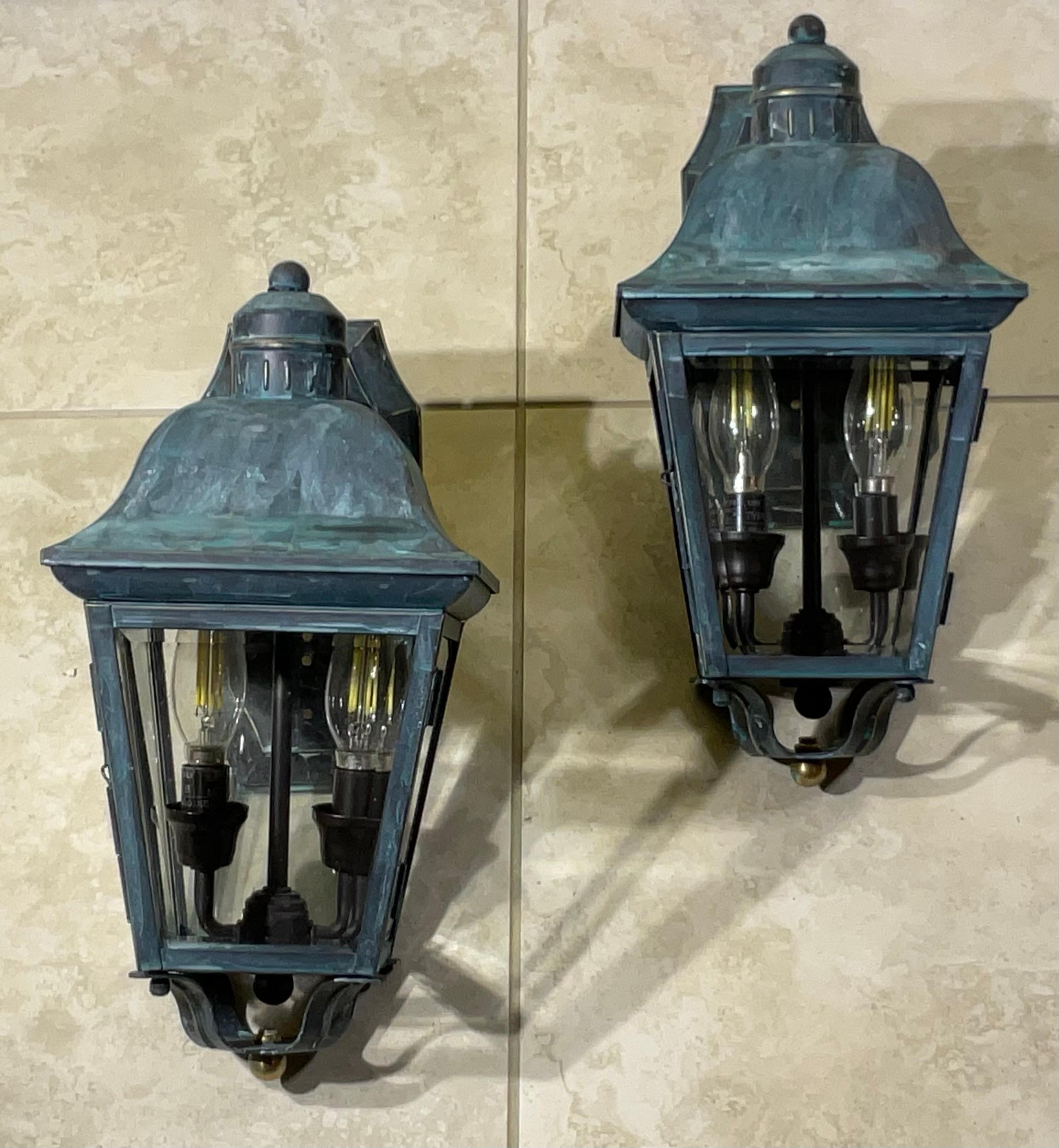 Verdigris Patina Small Outdoor Wall Lanterns - A Pair of Timeless Elegance! For Sale 3