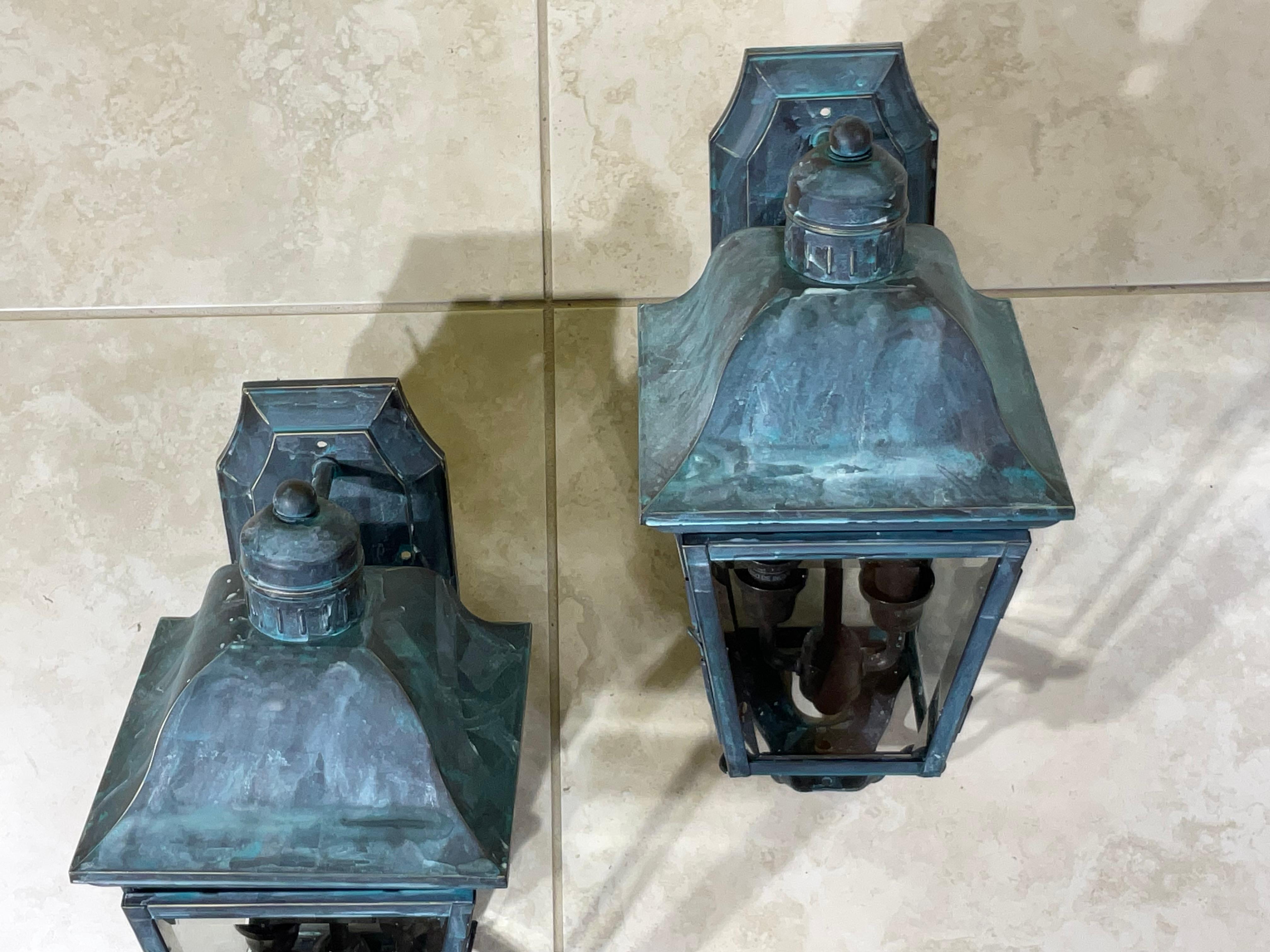 Verdigris Patina Small Outdoor Wall Lanterns - A Pair of Timeless Elegance! For Sale 4