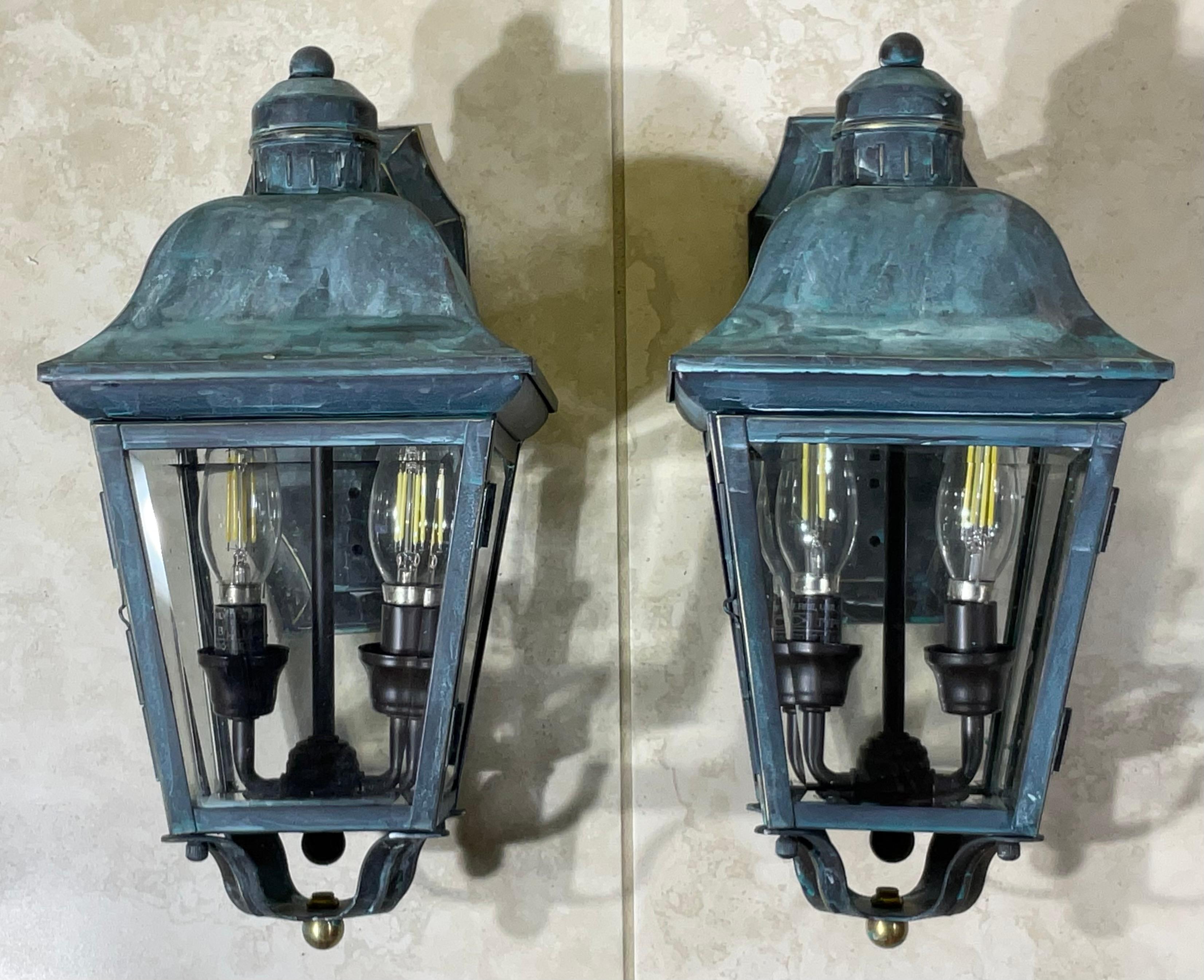 Verdigris Patina Small Outdoor Wall Lanterns - A Pair of Timeless Elegance! For Sale 5