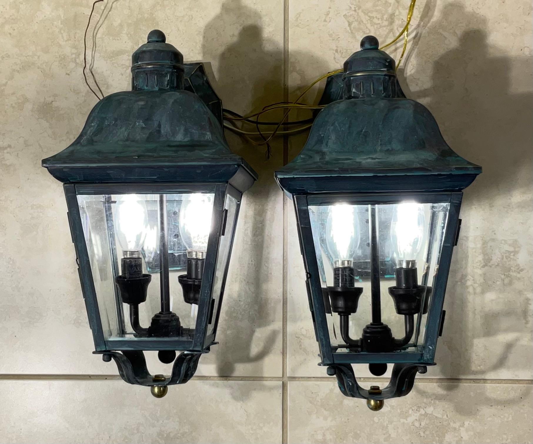 American Verdigris Patina Small Outdoor Wall Lanterns - A Pair of Timeless Elegance! For Sale