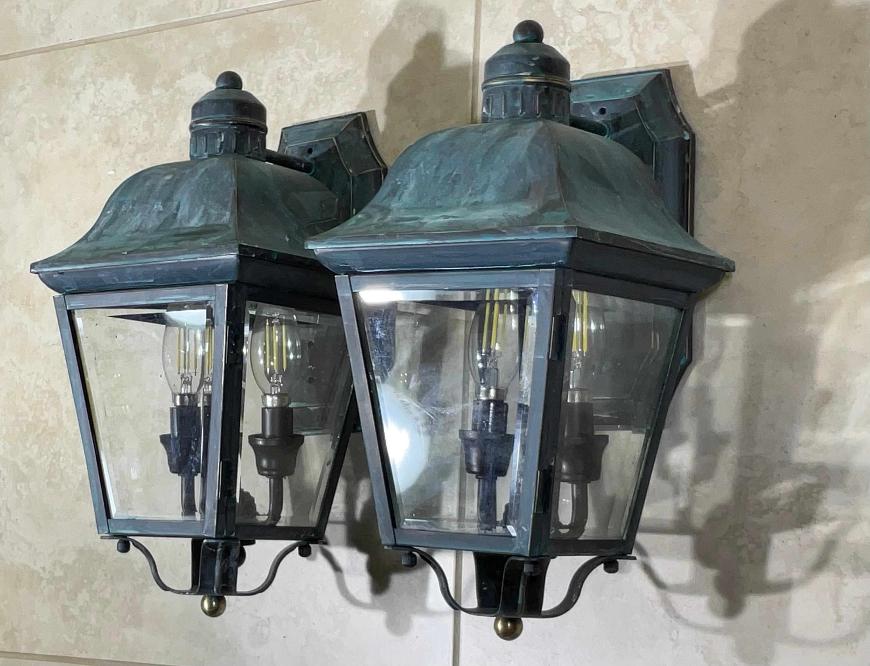 Hand-Crafted Verdigris Patina Small Outdoor Wall Lanterns - A Pair of Timeless Elegance! For Sale
