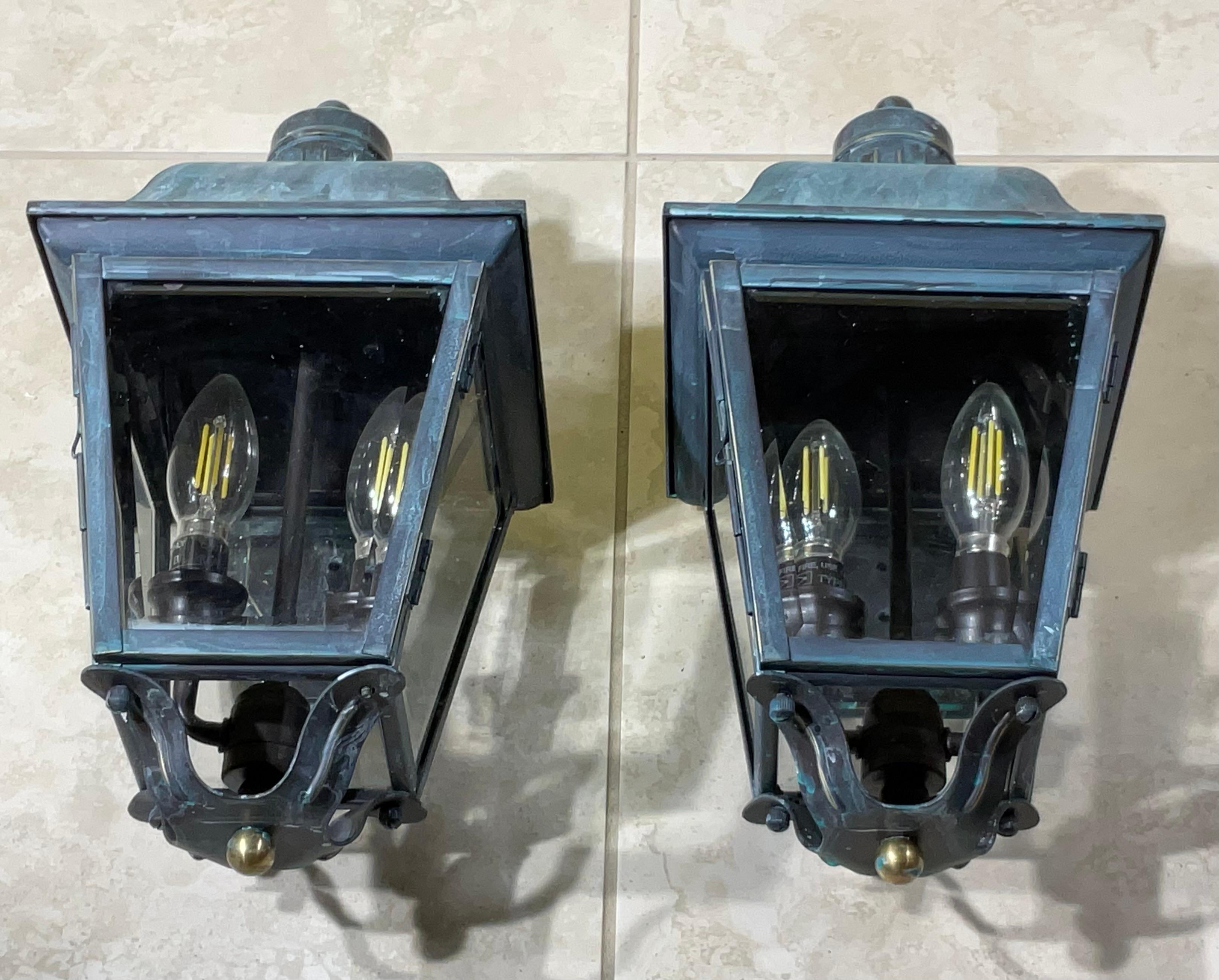 Verdigris Patina Small Outdoor Wall Lanterns - A Pair of Timeless Elegance! In Good Condition For Sale In Delray Beach, FL