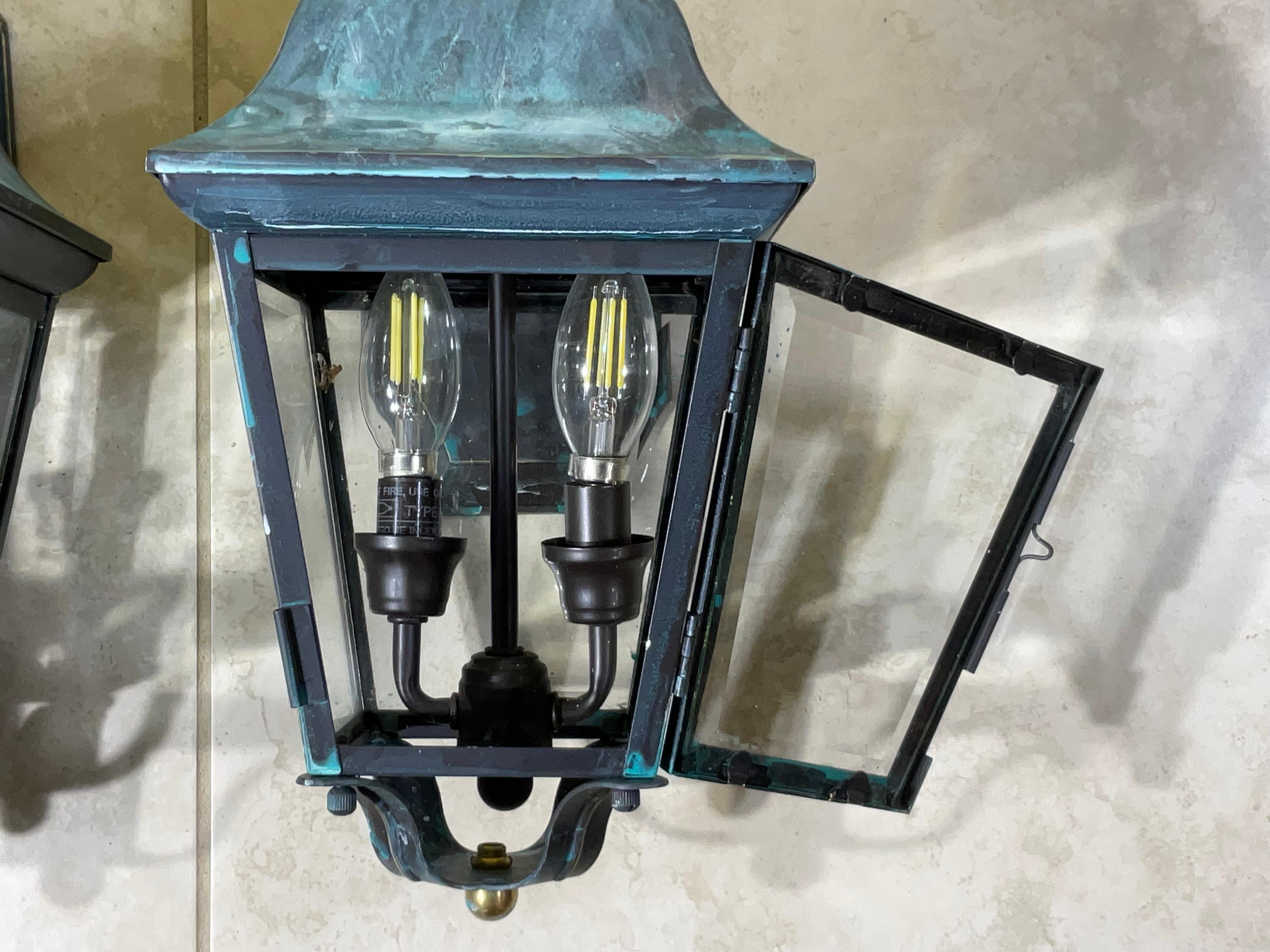 20th Century Verdigris Patina Small Outdoor Wall Lanterns - A Pair of Timeless Elegance! For Sale