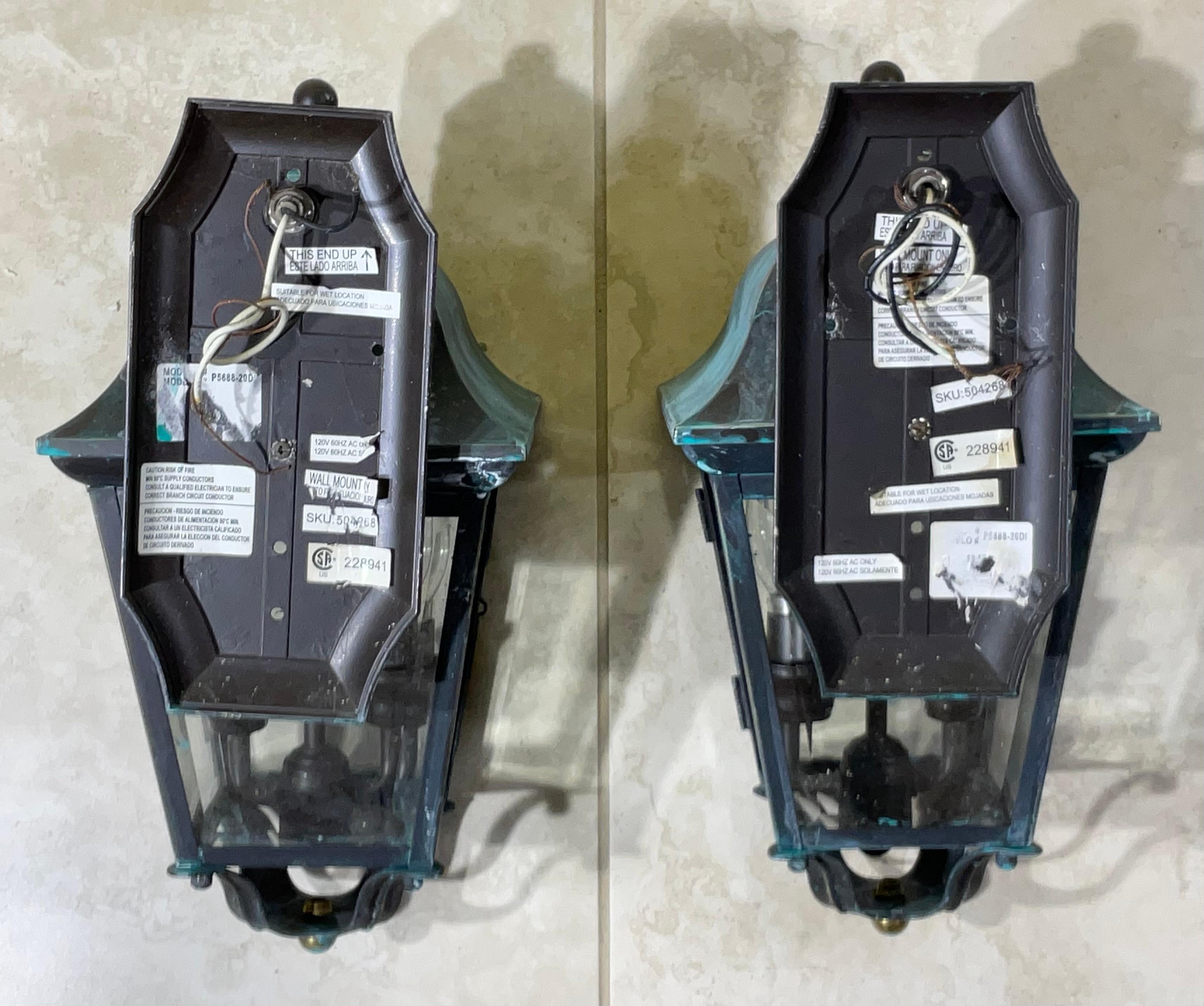 Verdigris Patina Small Outdoor Wall Lanterns - A Pair of Timeless Elegance! For Sale 1