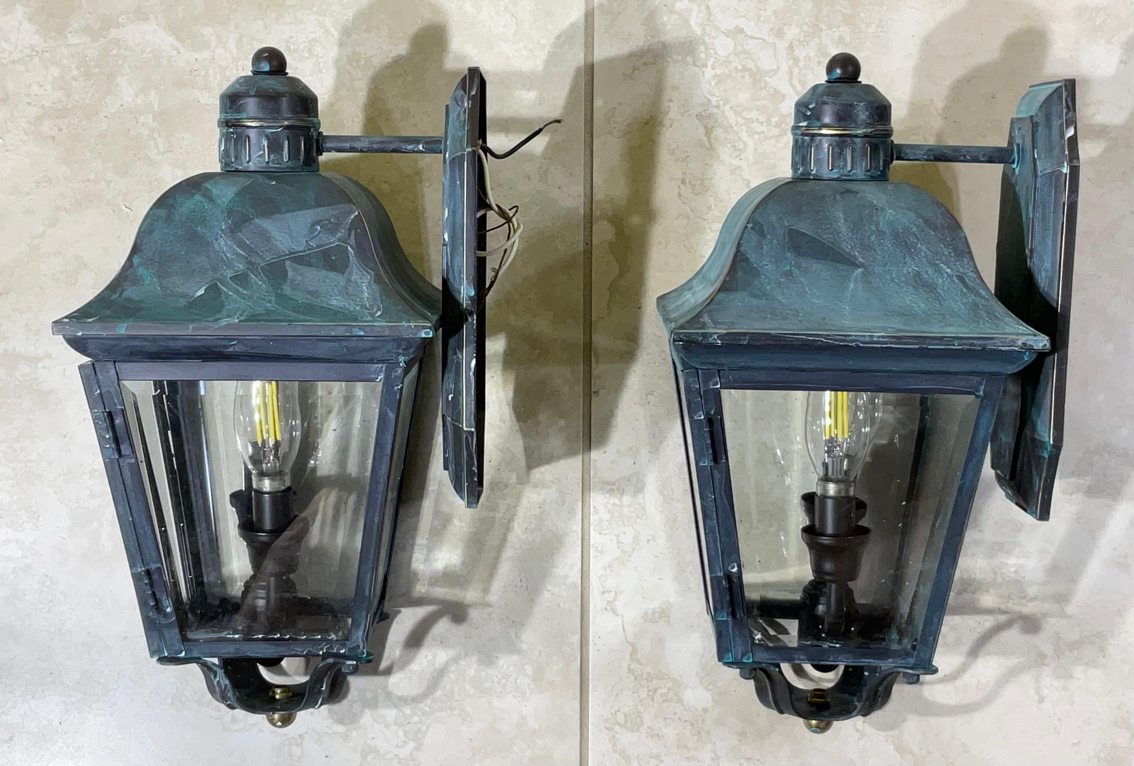 Verdigris Patina Small Outdoor Wall Lanterns - A Pair of Timeless Elegance! For Sale 2