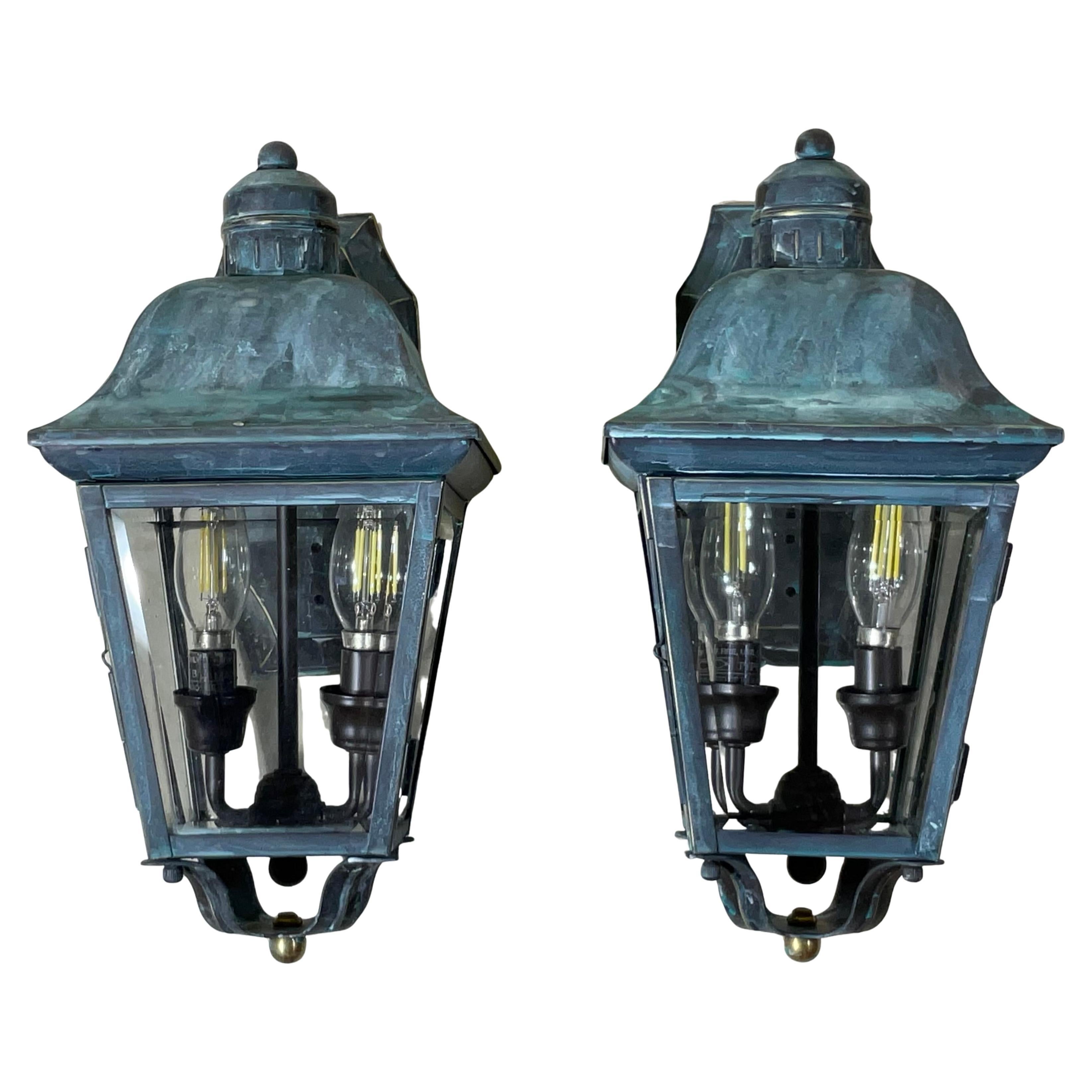 Verdigris Patina Small Outdoor Wall Lanterns - A Pair of Timeless Elegance! For Sale