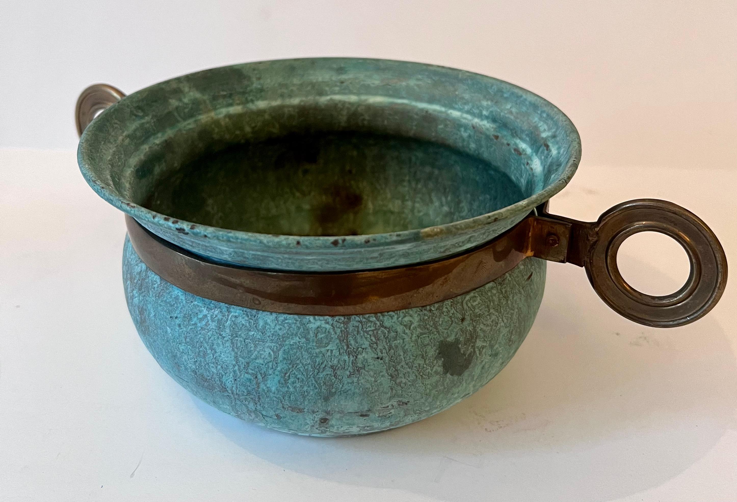 Arts and Crafts Verdigris Patinated Bowl with Brass Details
