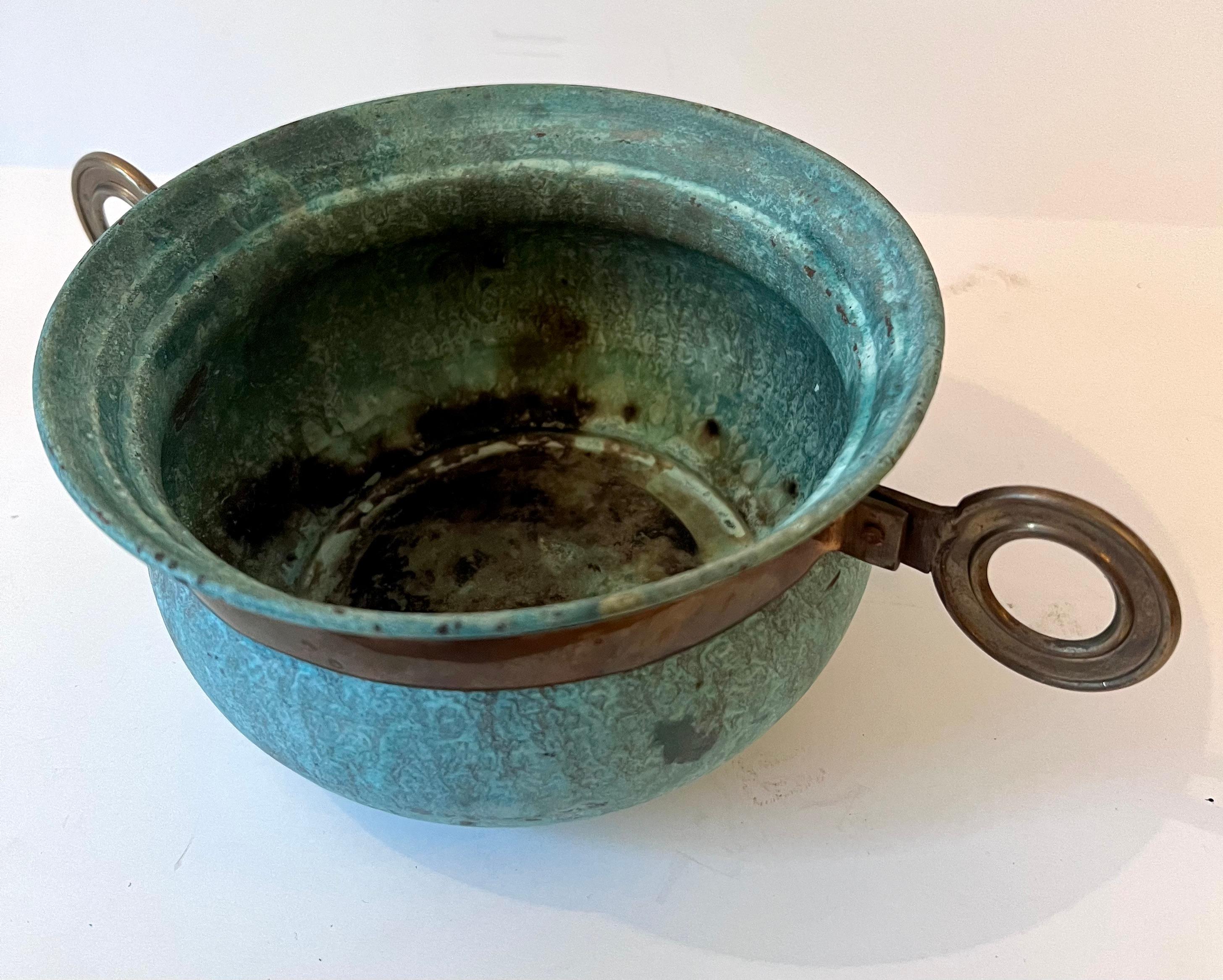 Verdigris Patinated Bowl with Brass Details In Good Condition In Los Angeles, CA