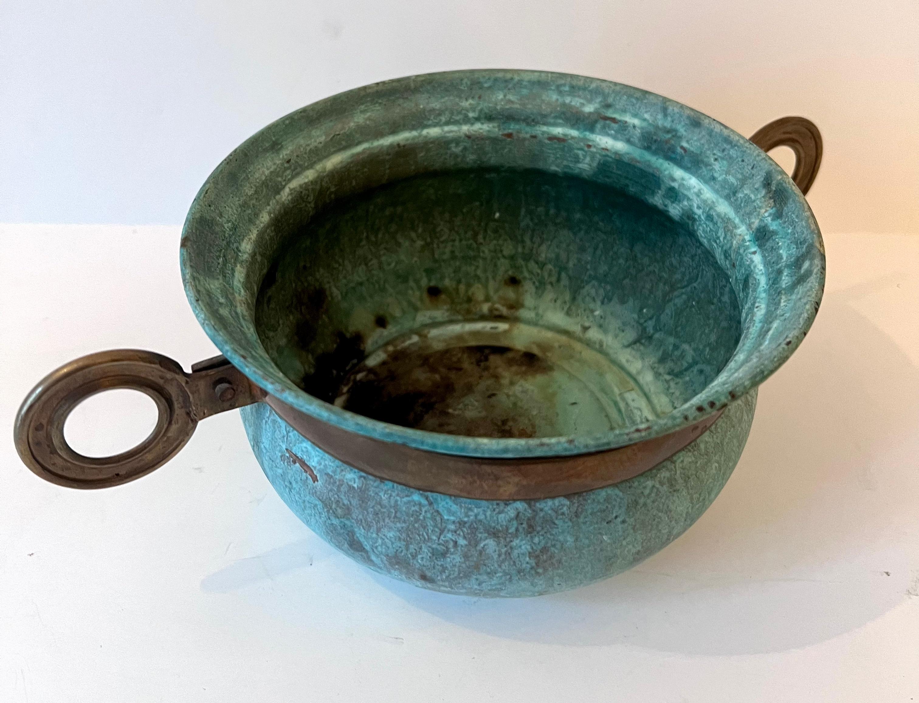 20th Century Verdigris Patinated Bowl with Brass Details