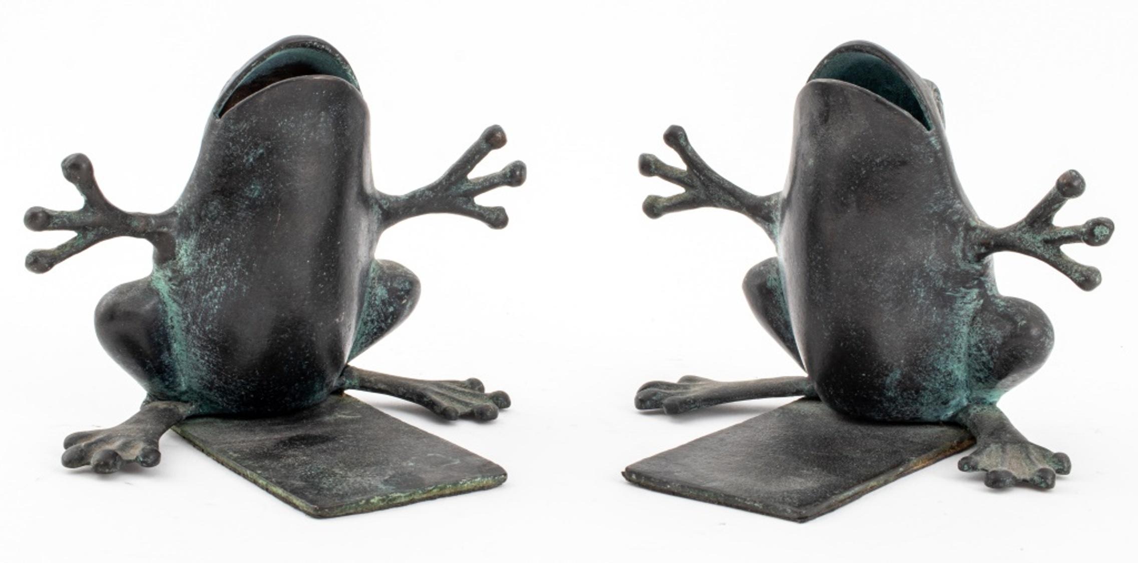 Mid-Century Modern Verdigris Patinated Brass Frog Form Bookends, Pair