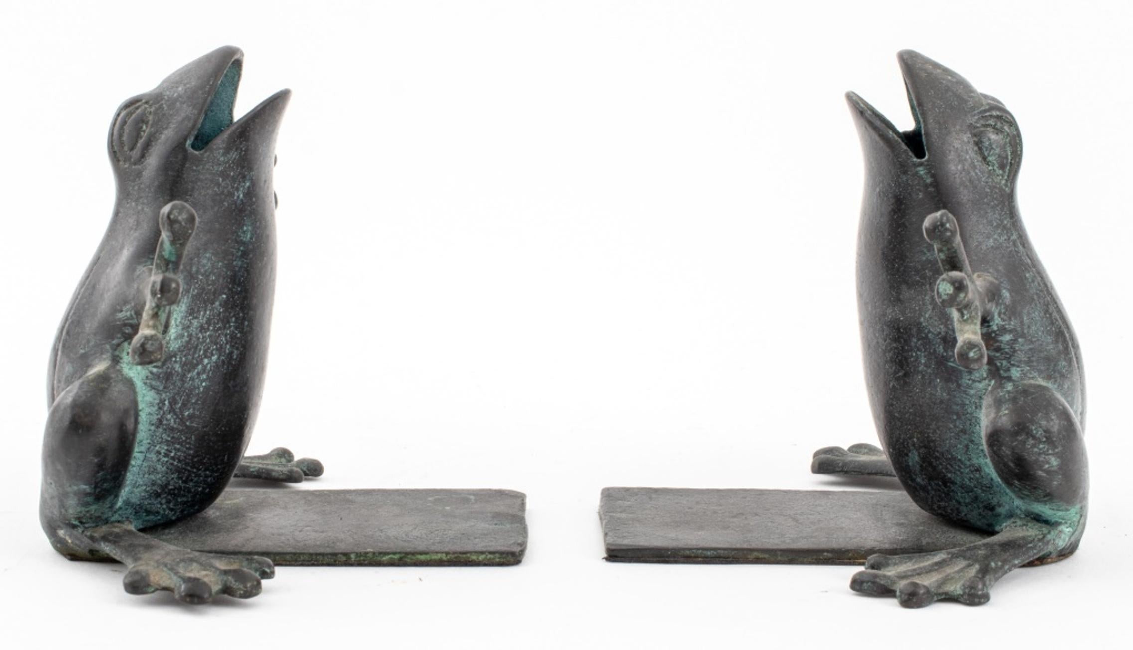 Verdigris Patinated Brass Frog Form Bookends, Pair In Good Condition In New York, NY