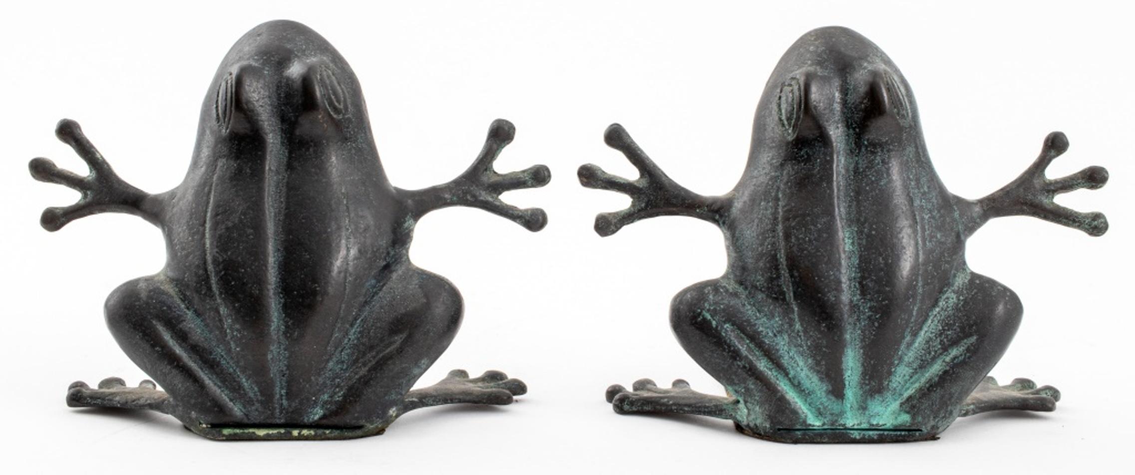 20th Century Verdigris Patinated Brass Frog Form Bookends, Pair