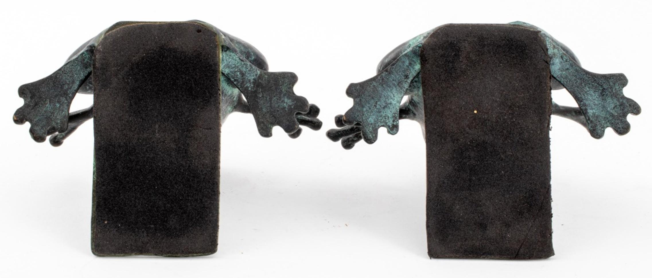 Verdigris Patinated Brass Frog Form Bookends, Pair 1