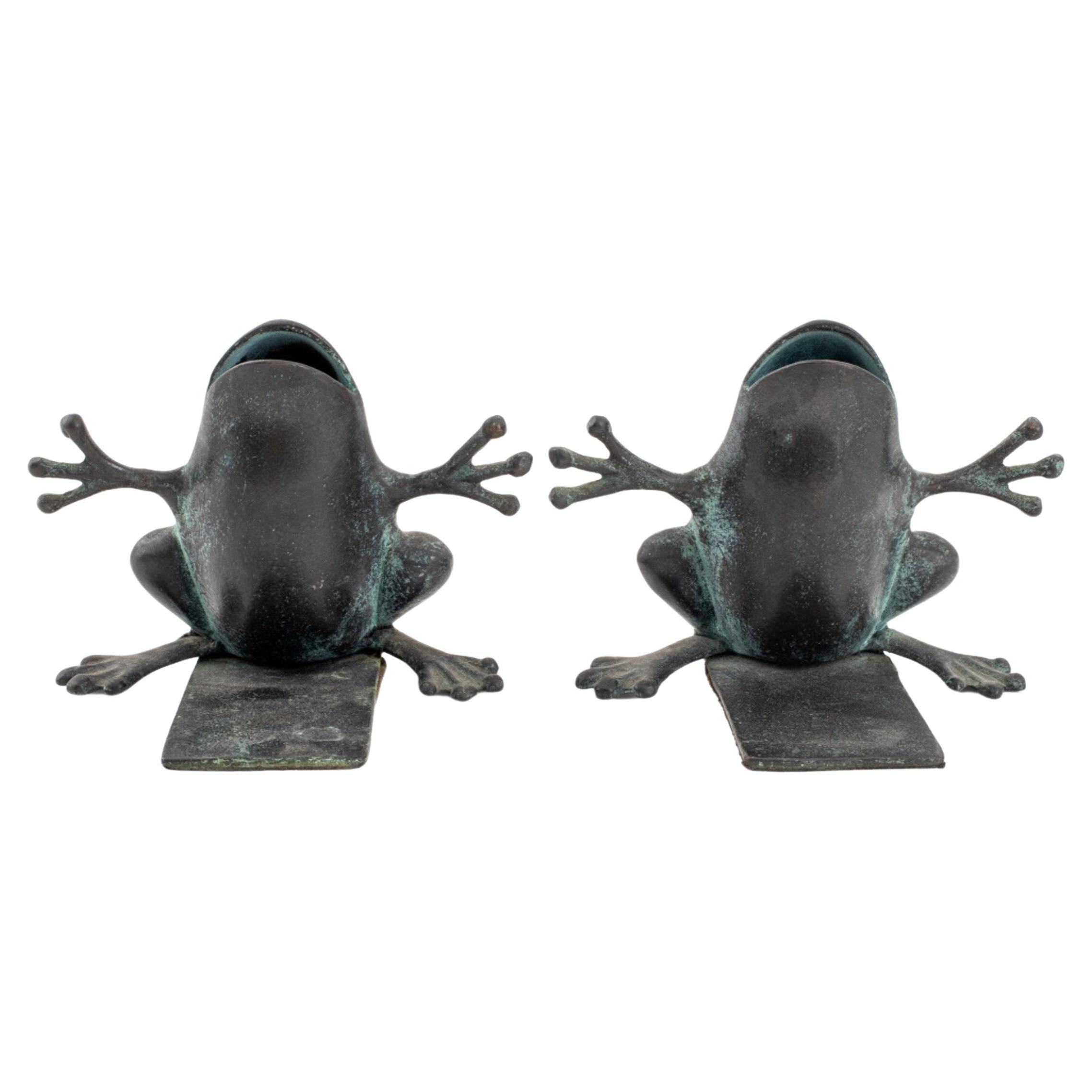 Verdigris Patinated Brass Frog Form Bookends, Pair